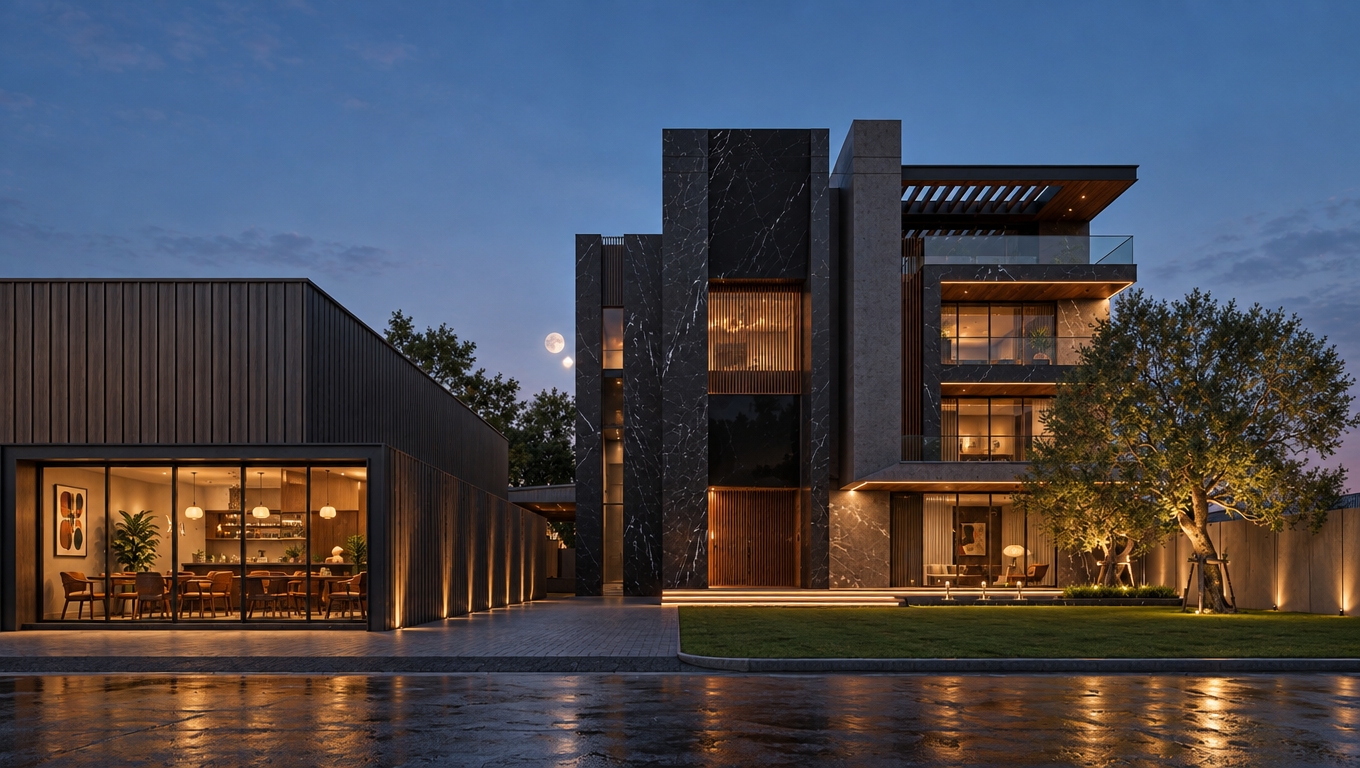 An incredibly lifelike, richly detailed, photorealistic eye-level exterior shot of a sophisticated architectural complex set in a quiet, twilight suburban environment. The scene is illuminated by the soft, ambient glow of a rising moon and warm recessed lighting, creating a serene, luxurious atmosphere. Captured with a 35mm lens, emphasizing the sharp contrast between the deep black marble façade and the warm, inviting interiors.

The composition centers on a striking, multi-story residence characterized by its linear, Mid-Century Modern geometry, seamlessly blending sleek, dark stone surfaces with natural timber accents. To the left, a functional, detached structure functions as an uncluttered coffee shop, its floor-to-ceiling glass walls revealing a warm, inviting interior filled with iconic teak and walnut furniture. Inside, the space is curated with abstract wall art and verdant indoor plants, reflecting a timeless, organic aesthetic that balances the sharp lines of the building. The exterior is grounded by a manicured lawn and a solitary, spotlighted tree, its leaves catching the golden glow of hidden uplights. The overall composition is a masterclass in balance, juxtaposing the cool, muted blues of the dusk sky with the comforting, earthy tones emanating from the warmth within.