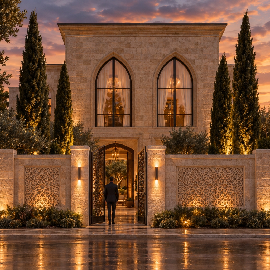 An incredibly lifelike, richly detailed, photorealistic eye-level exterior shot of a majestic Mediterranean retreat set in an upscale, tranquil suburban enclave. The scene is illuminated by the soft, golden glow of dusk mixed with warm architectural uplighting, creating a serene and inviting atmosphere. Captured with a 35mm lens, emphasizing the crisp texture of the hand-carved limestone masonry and the intricate geometric patterns in the wrought iron accents.

The architecture reflects a sophisticated fusion of classical Mediterranean elegance and contemporary luxury. The facade is defined by dual, commanding pointed arches that mirror the historical aesthetic of the region, framing tall, glass-paned windows draped in sheer, ethereal curtains. The stonework—a harmonious palette of warm, earthy neutrals—bears the subtle, aged patina of premium quality limestone, catching the light in a way that suggests a tactile, rugged surface. 

In the foreground, a figure in a tailored charcoal suit stands at the threshold of a grand, open-work metal gate, inviting the viewer into the private sanctuary. The gate itself features elaborate, traditional motifs, echoing the craftsmanship found on the flanking perimeter walls. These walls are punctuated by recessed panels of delicate stone latticework, illuminated from below to cast long, dramatic shadows that highlight the depth of the carving.

The landscaping is meticulously curated to soften the geometric lines of the building; manicured cypress trees rise like sentinels against the sky, their needles catching the warm light. Lower, rustic shrubbery lines the base of the stone walls, adding layers of verdant, earthy tones. The ground is paved in a polished, wet-look material that mirrors the architectural lighting and the sunset’s palette of bruised purples and burnt terracotta. 

The composition is perfectly symmetrical, creating a sense of balance and regal permanence. Beyond the gated entrance, one can glimpse the suggestion of a courtyard filled with lush, Mediterranean-inspired greenery and hints of rustic wooden furniture, signaling an interior-exterior lifestyle. The entire scene feels like a page from a high-end architectural photography book, celebrating the timeless marriage of structured stone, artisan metalwork, and the warm, golden light of a Mediterranean twilight.