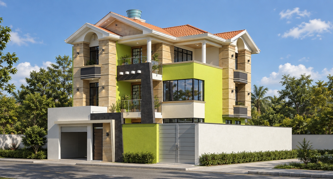 A crisp architectural photograph of the identical modern residence captured during a bright spring midday under high overhead sun. The lime green stucco, beige stone cladding, and white boundary wall display realistic tactile textures and clean, well-defined midday shadows. Window panes exhibit authentic sky reflections, while the terracotta tiled roof and painted surfaces gain natural depth, subtle dust, and micro-imperfections. The scene features balanced daytime exposure, natural color temperature, sharp lens clarity, and fine photographic grain, preserving the exact framing, geometry, and composition of the original image.