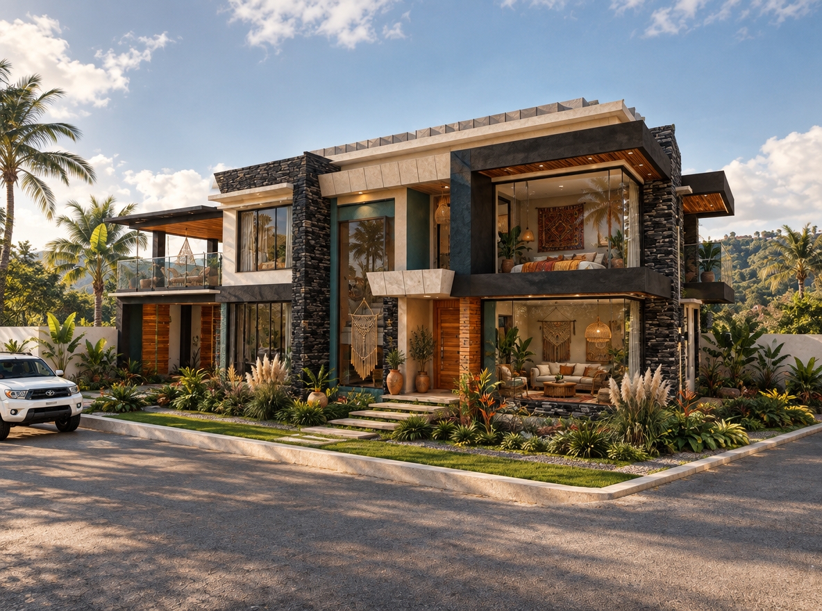 An incredibly lifelike, richly detailed, photorealistic wide-angle architectural shot of a contemporary luxury residence set in a lush, bohemian-inspired hillside oasis. The scene is illuminated by the soft, golden glow of a summer midday sun, creating a vibrant, warm, and inviting atmosphere that softens the building’s rigid modern geometry. Captured with a 35mm wide-lens to emphasize the dramatic juxtaposition between the sharp, dark-charcoal stacked stone cladding and the organic, free-spirited aesthetic of the interior spaces visible through expansive floor-to-ceiling glass. The house exterior is elevated by globally-inspired details, where deep teal accent walls harmonize with warm rust and mustard-toned textiles hinting at layered rugs and tapestry wall art just inside. The entrance is framed by handcrafted wood accents and floating stone steps, while the surrounding terrace—partially visible—boasts rattan furniture, hanging macramé elements, and a dense, curated collection of pampas grass and sprawling tropical plants that bleed into the landscape. Subtle reflections on the glazing reveal glimpses of vintage-collected decor and soft, textured interiors, while the deep depth of field pulls the focus toward the interplay between the crisp, clean architectural lines and the relaxed, layered, and earthy textures that define this modern-bohemian sanctuary.