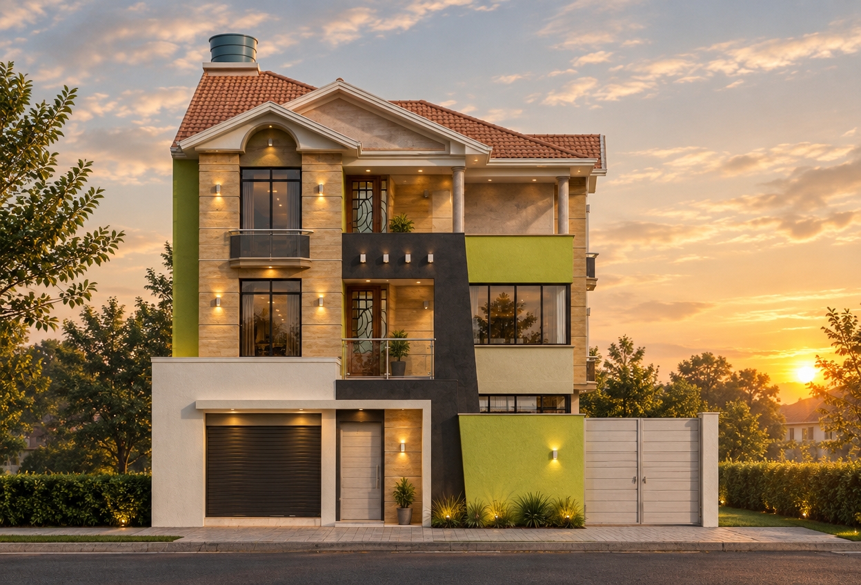 An incredibly lifelike, richly detailed, photorealistic eye-level exterior shot of a contemporary multi-story residence set in a vibrant spring suburban landscape. The scene is illuminated by the soft, golden glow of a setting sun, creating a warm, serene atmosphere that highlights the building's geometric facade. Captured with a 35mm wide-angle lens, emphasizing the crisp textures of the ochre-toned masonry, the bold matte-black structural accents, and the refreshing lime-green plastered surfaces.

The architectural composition is a minimalist haven, blending functional design with a streamlined aesthetic. The ground level features a smooth, white-toned storefront frame adjacent to a private, uncluttered entrance, leading the eye upward to a series of recessed balconies adorned with sleek metal railings. Large, dark-tinted windows reflect the amber hues of the twilight sky, maintaining a clutter-free, elegant exterior. The surrounding environment is neatly manicured, with subtle hints of lush spring greenery and an organized paved pathway leading to the gated entrance, evoking a sense of Zen-inspired order. The play of deep, soft shadows against the monochromatic panels and warm earth tones gives the building a sophisticated, high-end presence, perfect for the pages of a luxury architectural photography book.