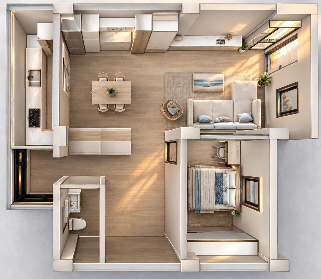 An incredibly lifelike, richly detailed, photorealistic top-down architectural cutaway photograph of a modern coastal apartment layout set in an airy seaside residence during a peaceful autumn evening. The scene is illuminated by the radiant, golden rays of a low sunset streaming through exterior windows, casting soft amber reflections and delicate shadows that create an inviting, relaxed, and sun-kissed atmosphere filled with the quiet essence of a cool coastal breeze. Captured with a high-resolution medium format camera and an ultra-sharp wide-angle tilt-shift lens, emphasizing the fine grain of light-bleached oak flooring, crisp matte-white walls, and tactile linen finishes rendered in soothing shades of ocean blue, pure white, and sandy neutrals. In the open living room, an elegant off-white L-shaped sectional sofa adorned with soft indigo and seafoam accent pillows rests beside a low wooden coffee table displaying a large photography book, while an organic wicker accent chair and understated coastal decor enhance the casual, beachy elegance. The adjoining dining space features a minimalist pale wood dining set leading into a modern, streamlined kitchen with polished quartz countertops and uncluttered surfaces, while the tranquil bedroom reveals a bed layered in textured neutral linens alongside a compact study desk. Fresh potted greenery and miniature fiddle-leaf figs in earthy ceramic planters bring vibrant life into every nook, perfectly complementing the minimalist seascape wall art and completing a fresh, breezy, and harmonious open-plan sanctuary.
