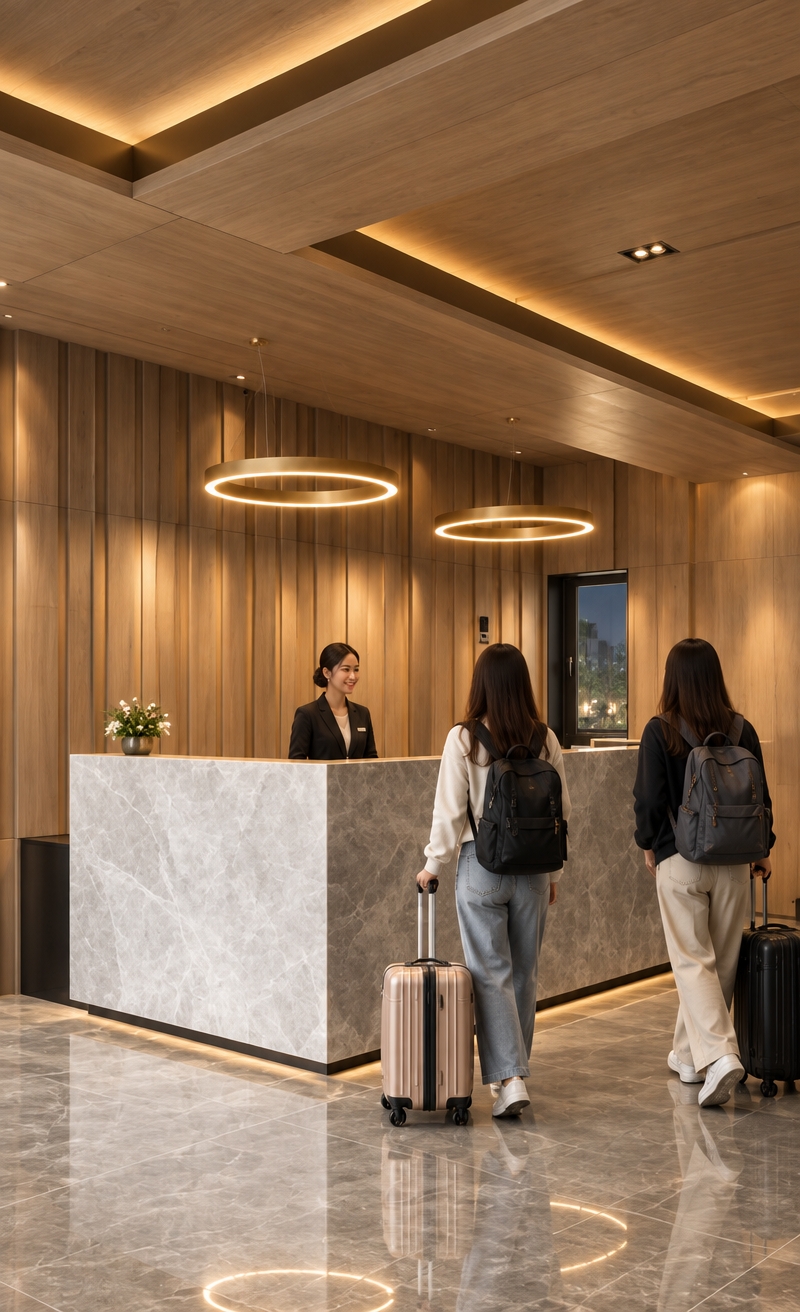 An incredibly lifelike, richly detailed, photorealistic wide-angle shot of a luxurious apartkost reception lobby set in Sidosermo, Surabaya, during a calm night. The scene is illuminated by warm, concealed LED cove lighting nestled into the layered wooden ceiling paired with the soft, ambient glow from dual suspended circular brass halo pendants, creating a remarkably welcoming and sophisticated atmosphere. Captured with a professional 35mm interior lens at f/2.8, emphasizing the high-gloss sheen of large 100x100 cm light-grey granite floor tiles reflecting the subtle overhead warmth and the refined texture of the marble-patterned HPL reception counter. Behind the monolithic desk, a friendly female receptionist stands poised and ready to greet two young female travelers approaching with backpacks and rolling suitcases, while full-height vertical wood-grain HPL backdrop panels neatly conceal storage, effortlessly elevating contemporary functionality into five-star elegance.