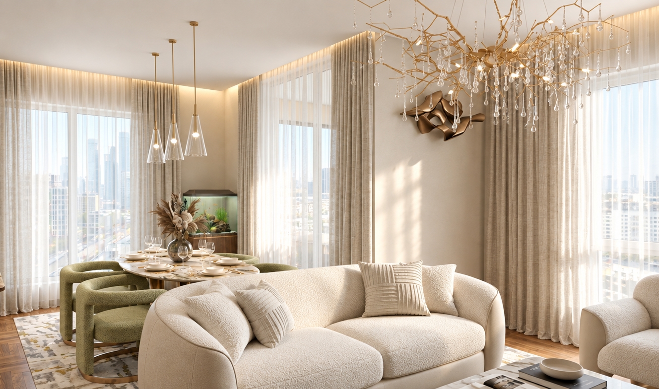 An incredibly lifelike, richly detailed, photorealistic wide-angle interior shot of a sun-drenched contemporary living and dining space set in a luxury high-rise overlooking a metropolitan skyline. The scene is illuminated by soft, diffused natural daylight filtering through floor-to-ceiling sheer curtains, creating a serene, airy, and sophisticated atmosphere. Captured with a 35mm lens, emphasizing the tactile textures of the cream-colored bouclé sofa and the elegant, organic flow of the space. 

The room is defined by its clean, contemporary elegance, where a curved, plush sofa anchors the foreground, offering a view toward a refined dining area. In the background, a sleek, minimalist wooden-cased aquarium serves as a gentle, living focal point near the dining table, its subtle blue glow contrasting beautifully with the warm, neutral palette of the room. A striking, branch-like gold chandelier drips with crystal-clear pendants, casting intricate, light-refracting patterns across the space, while a modern abstract bronze sculpture adorns the wall, adding a touch of artistic flair. The dining set features an oval marble-topped table surrounded by sage-green upholstered chairs, all resting on a delicate, muted area rug that grounds the room's composition. Every element, from the seamless transitions of light to the refined finishes, creates an environment of effortless, high-end comfort.