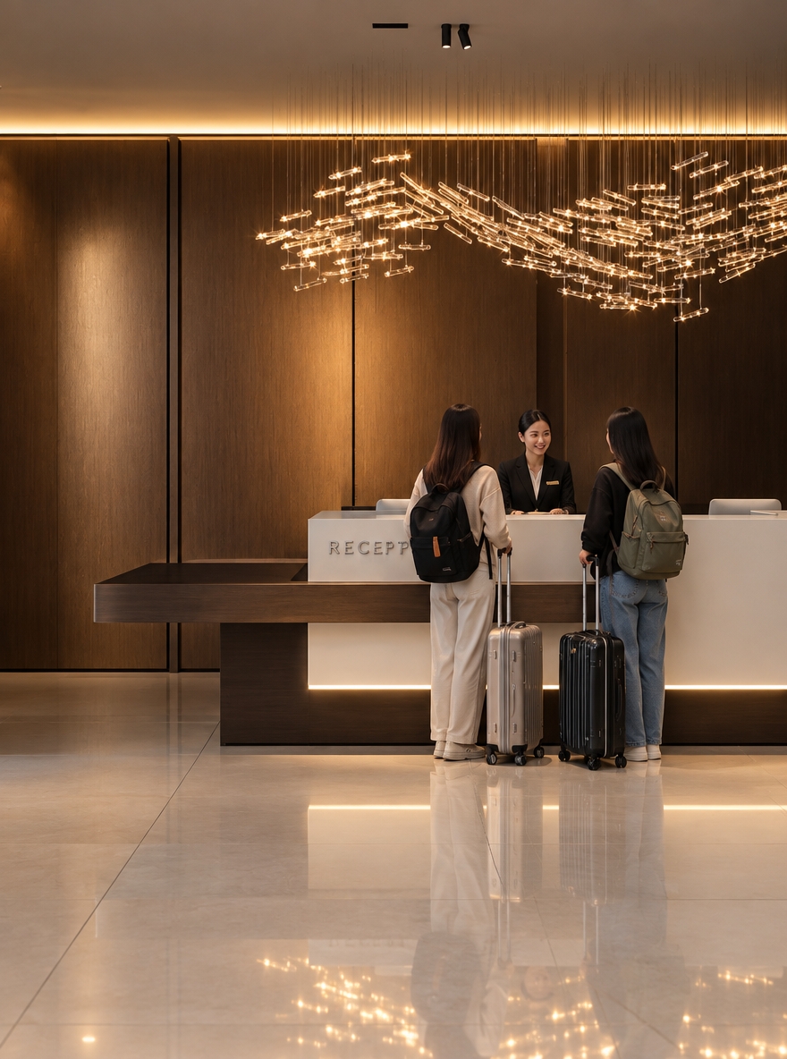 An incredibly lifelike, richly detailed, photorealistic eye-level shot of a boutique apartment lobby in Sidosermo, Surabaya, set in a tranquil evening environment. The scene is illuminated by the soft, ethereal glow of a bespoke kinetic-style chandelier resembling a flock of birds in flight, complemented by warm hidden LED strip lighting that casts a gentle radiance across the vertical panels, creating a sophisticated and welcoming atmosphere. Captured with a 35mm lens, emphasizing the crisp textures of the polished 100x100cm white granite tile flooring and the smooth, matte contrast of the HPL-finished reception desk.

The composition centers on a sleek, minimalist reception desk, featuring a crisp white primary structure balanced by a rich wood-toned cantilevered extension that draws the eye toward the rear backdrop. Behind the desk, the wall is finished with elegant, dark vertical timber paneling, punctuated by a horizontal light cove that underscores the high-end, contemporary aesthetic of this "apartkost." In the foreground, a professional female receptionist stands behind the counter, warmly greeting two female guests who have just arrived with their backpacks and suitcases, ready to check in for their stay. The spatial relationship between the expansive, reflective flooring and the layered, artistic lighting creates a sense of depth and luxury, grounding the space in a polished, professional, and intimate urban setting.