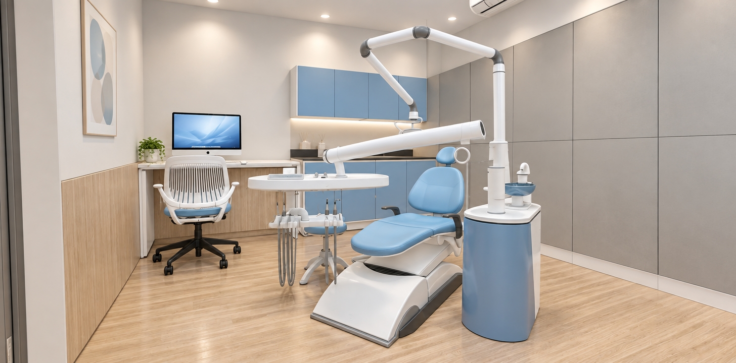 An incredibly lifelike, richly detailed, photorealistic interior photo of a contemporary dental suite set in a professional minimalist haven. The scene is illuminated by soft, recessed LED ceiling lights and the gentle, cool glow of the desktop monitor, creating a serene, Zen-inspired atmosphere. Captured with a wide-angle lens, emphasizing the seamless integration of high-end clinical equipment with warm, residential-style finishes. The space features a clean, monochromatic palette of crisp whites and muted grays, accented by the soft sky-blue upholstery of the dental chair and cabinetry, providing a calming pop of pastel color. A sleek, white ergonomic task chair sits before a minimalist wooden desk, reflecting a clutter-free, highly functional design ethos. The walls are finished in a combination of smooth, matte-gray panels and light oak wood wainscoting that introduces natural texture, while the polished light-wood flooring grounds the room. In the background, the precision-engineered dental unit stands as a marvel of streamlined industrial design, surrounded by hidden storage cabinets that ensure perfectly clean surfaces. The composition highlights a sense of airy openness, with subtle shadows cast by the articulated equipment arm adding depth to the perspective, while a few tasteful pieces of abstract wall art and a small, vibrant green indoor plant add a touch of personality to this otherwise tranquil and impeccably organized clinical environment.