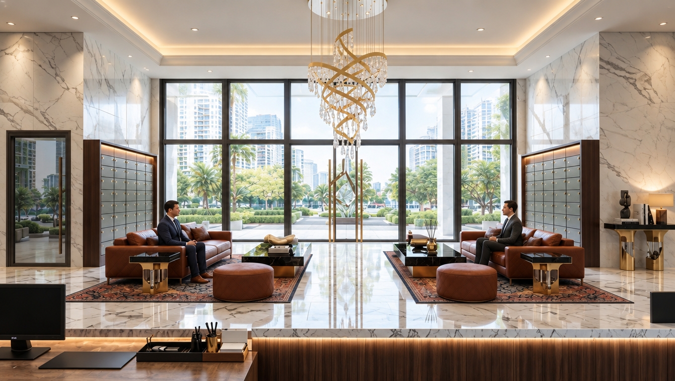 An incredibly lifelike, richly detailed, photorealistic wide-angle shot of a high-end hotel lobby set in a bustling urban environment at midday. The scene is illuminated by soft, diffused natural light pouring through floor-to-ceiling glass, creating a serene and sophisticated atmosphere. Captured with a 35mm lens, emphasizing the sharp contrast between the white Statuario marble flooring and the warmth of the cognac-leather sofas.

The space is a masterclass in modern fusion, blending sleek, industrial-inspired metal accents with the organic richness of deep wood grains. Twin seating arrangements are perfectly mirrored, grounding the open-concept layout with bold, geometric proportions. A dramatic, swirling crystal chandelier serves as the focal point, suspended like jewelry above a polished black stone coffee table. Lush greenery peeks through the glass façade, blurring the lines between the manicured urban exterior and the interior’s clean, modular design. The composition is balanced and symmetrical, highlighting the interplay of smooth, reflective surfaces and the tactile depth of the oriental-inspired rugs, evoking the refined elegance found in a high-end photography book.