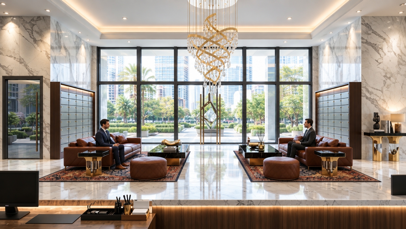 An incredibly lifelike, richly detailed, photorealistic wide-angle shot of a high-end hotel lobby set in a bustling urban environment at midday. The scene is illuminated by soft, diffused natural light pouring through floor-to-ceiling glass, creating a serene and sophisticated atmosphere. Captured with a 35mm lens, emphasizing the sharp contrast between the white Statuario marble flooring and the warmth of the cognac-leather sofas.

The space is a masterclass in modern fusion, blending sleek, industrial-inspired metal accents with the organic richness of deep wood grains. Twin seating arrangements are perfectly mirrored, grounding the open-concept layout with bold, geometric proportions. A dramatic, swirling crystal chandelier serves as the focal point, suspended like jewelry above a polished black stone coffee table. Lush greenery peeks through the glass façade, blurring the lines between the manicured urban exterior and the interior’s clean, modular design. The composition is balanced and symmetrical, highlighting the interplay of smooth, reflective surfaces and the tactile depth of the oriental-inspired rugs, evoking the refined elegance found in a high-end photography book.