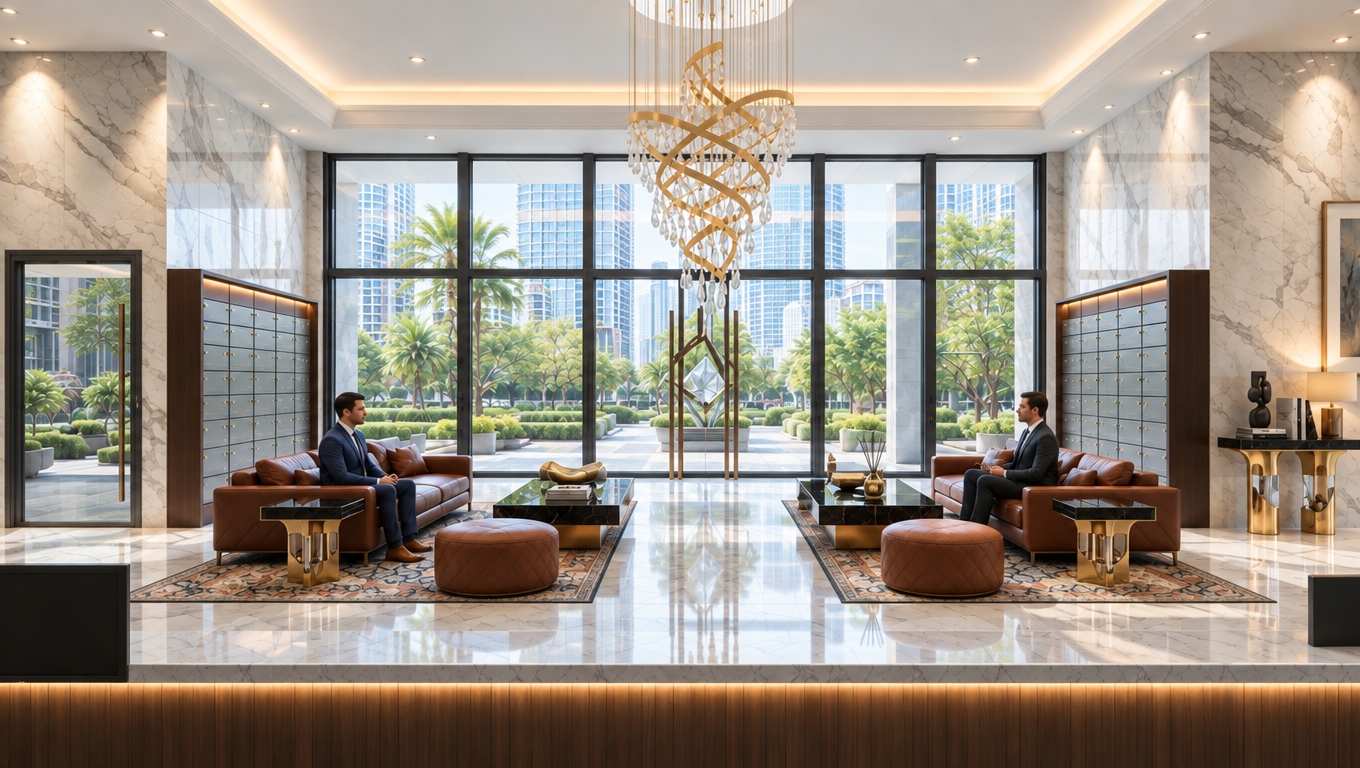 An incredibly lifelike, richly detailed, photorealistic interior shot of a grand hotel lobby set in a bright, spring midday. The scene is illuminated by soft, natural sunlight streaming through floor-to-ceiling windows, creating a serene, minimalist haven. Captured with a 35mm wide-angle lens, emphasizing the crisp contrast between the high-gloss white marble floors and the warm, rich tones of the leather furnishings.

This elegant space balances luxury with a Zen-inspired, uncluttered aesthetic. Sleek, streamlined metal accents and dark wooden baseboards provide a sophisticated foundation, while minimal decor—such as a thoughtfully placed photography book and subtle abstract wall art—reinforces the modern, functional design. The monochromatic palette, composed of pristine whites, soft grays, and delicate pastels, is complemented by the vibrant greenery of the manicured gardens visible outside. The symmetrical arrangement of plush leather sofas and refined brass-legged tables creates a sense of harmony and poise, making the lobby feel both expansive and intimately welcoming.