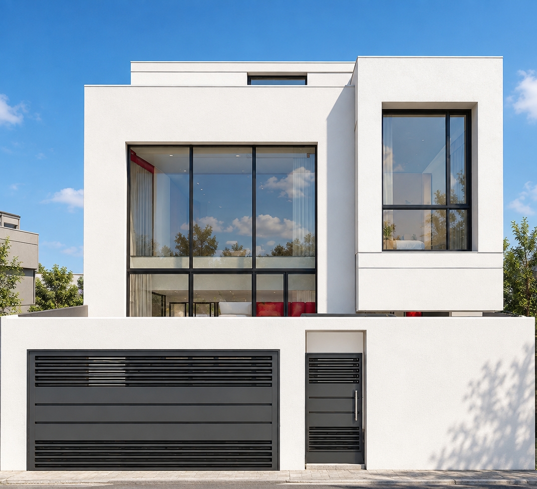 An incredibly lifelike, richly detailed, photorealistic architectural photograph of a sleek, minimalist haven set in a bright, suburban residential enclave. The scene is illuminated by crisp, natural midday sunlight, creating a pristine and airy atmosphere with subtle, sharp shadows that accentuate the building's geometric volume. Captured with a 35mm lens, the image emphasizes the smooth, crisp white stucco facade contrasted against the dark charcoal-grey aluminum of the slatted garage door and pedestrian gate. 

The architecture features a bold, cubic composition where large, floor-to-ceiling glass expanses reflect the vibrant blue sky, offering a glimpse of the refined, light-filled interior where warm crimson accents peek through. The precision of the clean lines and the stark, modern materiality create a sense of tranquil order, while the surrounding environment is kept understated to keep the focus on the house's striking structural balance and refined, contemporary elegance.