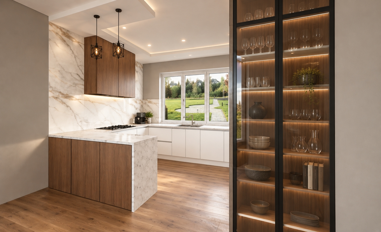 An incredibly lifelike, richly detailed, photorealistic wide-angle shot of a contemporary kitchen set in a serene, nature-adjacent environment. The scene is illuminated by soft, diffused natural light pouring through the window, complemented by subtle, warm-toned accent lighting from the minimalist overhead pendants, creating an inviting and airy atmosphere. Captured with a 35mm lens, emphasizing the rich, organic textures of the warm wood cabinetry and the polished, cool-toned veining of the white marble island and backsplash.

This refined kitchen space balances modern elegance with natural warmth. The seamless white lower cabinetry contrasts beautifully against the deep, earthy walnut-toned wood of the upper cabinets and base units. The central marble island serves as a luxurious focal point, perfectly polished to catch the soft afternoon glow. To the right, a floor-to-ceiling glass-paneled display unit with a sleek black frame adds a touch of sophistication, creating depth and visual intrigue. Through the window, the view of a lush, manicured garden landscape draws the eye, anchoring the interior in a peaceful, verdant context. Every surface, from the matte finish of the countertops to the warm, wide-plank oak flooring, is rendered with meticulous precision, evoking the ambiance of a high-end interior design magazine feature.