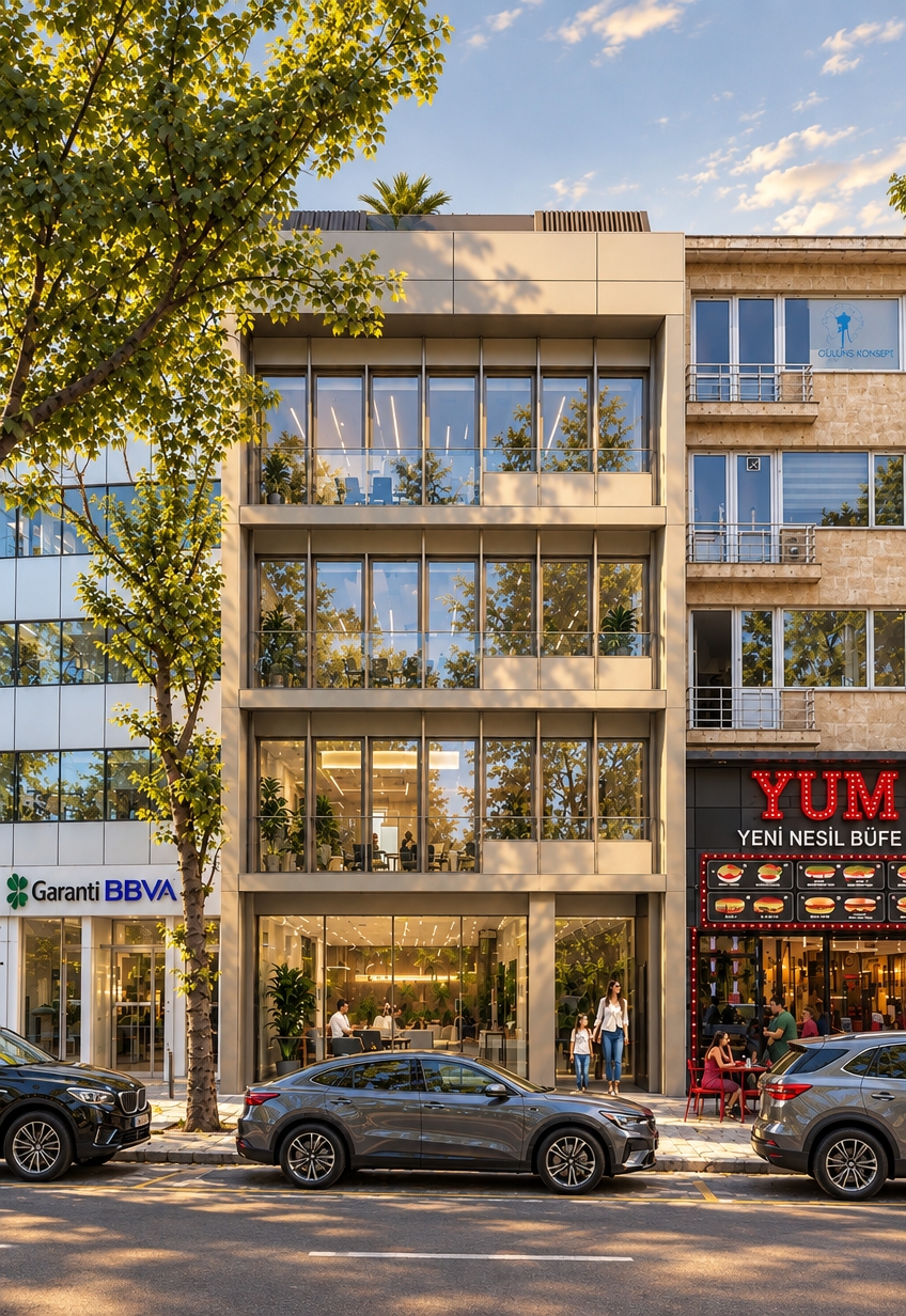 An incredibly lifelike, richly detailed, photorealistic eye-level exterior shot of a sophisticated mid-rise office building set in a bustling urban streetscape. The scene is illuminated by the soft, golden-hued sunlight of a late afternoon, creating a warm, inviting, and professional atmosphere. Captured with a 35mm lens, the focus emphasizes the interplay between the crisp, clean-lined facade and the surrounding greenery. The architecture exudes contemporary elegance, defined by its refined palette of champagne-toned metal framing and polished stone surfaces that shimmer under the sun. Through the expansive, floor-to-ceiling glass, glimpses of the interior reveal an airy and curated environment featuring sophisticated, slim metal accents, tailored upholstered furniture in soft grays, and sculptural lighting fixtures that cast a gentle, rhythmic glow. The ground floor remains porous and welcoming, blurring the boundary between the sidewalk and the professional space, while the upper levels appear light-filled and rhythmic, reflecting the vibrant life of the city. The composition is perfectly balanced, nestled between neighboring structures, with the dappled shadows of a leafy tree dancing across the building’s pristine, pearl-colored exterior.