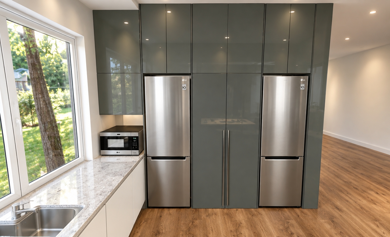 An incredibly lifelike, richly detailed, photorealistic medium-angle shot of a modern fusion kitchen set in a bright, airy home. The scene is illuminated by recessed ceiling spotlights that provide a gentle, diffused ambient glow, creating a serene and sophisticated atmosphere without harsh shadows. Captured with a 35mm lens, the image emphasizes the high-gloss, slate-gray finish of the seamless floor-to-ceiling cabinetry, which contrasts beautifully with the warm, rich grain of the hardwood flooring. The stainless steel LG appliances are rendered with crisp, tactile reflections, while the textured, light-toned stone countertop complements the crisp white lower cabinets. Outside the sleek, minimalist window frame, a lush, sun-drenched garden is visible, casting a soft, natural radiance into the space. The composition feels perfectly balanced, capturing a professional, high-end interior design aesthetic where every material—from the polished metal to the smooth matte surfaces—is rendered with stunning clarity and depth.