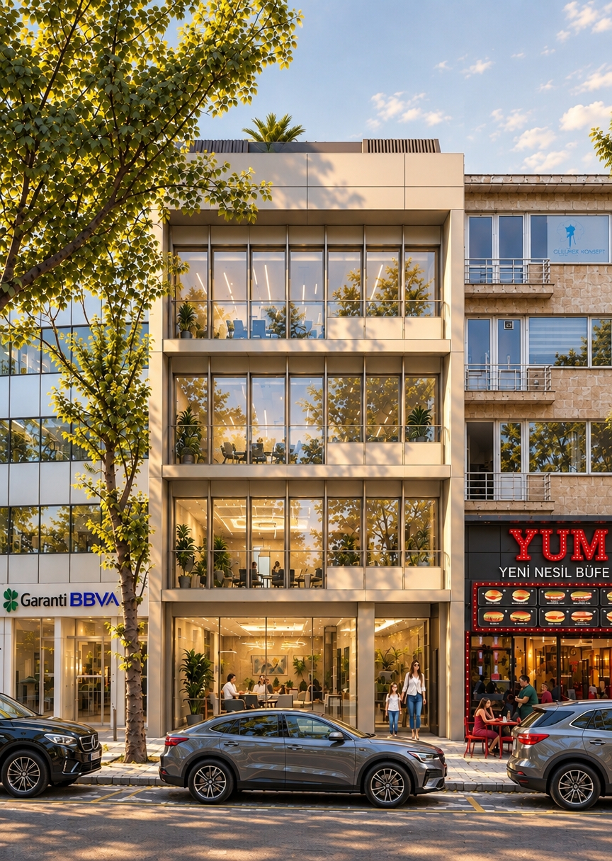 An incredibly lifelike, richly detailed, photorealistic eye-level architectural photograph of a sleek, contemporary office building set in a bustling urban streetscape. The scene is illuminated by the soft, golden glow of late afternoon sun, creating a sophisticated and airy atmosphere. Captured with a 35mm lens, emphasizing the crisp geometry of the building’s façade and the refined textures of the surroundings.

The architecture exudes contemporary elegance, defined by a rhythmic, clean-lined structure clad in a sophisticated palette of champagne and warm white metallic panels. The design features floor-to-ceiling glass expanses that reveal a luminous interior, styled with refined, polished stone surfaces and tailored upholstered furniture. Inside, the space is curated with abstract wall art and sculptural lighting that casts a soft radiance, while slim metal accents provide a polished, balanced contrast to the airy openness. The building integrates seamlessly into its historic urban context, standing as a serene, light-filled focal point against the textured stone of its neighbor, with the gentle interplay of shadows from the foreground tree adding a layer of depth and organic softness to the composition.