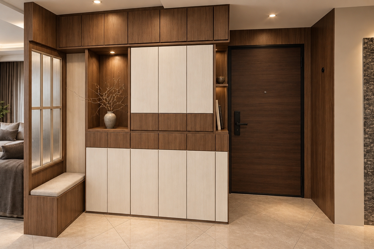 A wide-angle architectural photograph capturing the exact entryway layout with realistic lighting and physical textures. The cabinetry features a two-tone finish combining rich walnut brown wood grain for the darker sections and clean, soft-textured white wood for the lighter panels. The partition screen on the left incorporates elegant frosted decorative glass with subtle translucency, while the entryway doorway is finished as a sturdy, high-end interior security door in dark walnut. The ceiling is rendered as a clean, seamless drywall surface, illuminated by warm, diffused recessed architectural lighting that casts soft gradients and natural contact shadows across the tiled floor. Captured on a 24mm tilt-shift lens with crisp focus, balanced dynamic range, gentle lens vignetting, and authentic surface micro-textures throughout.