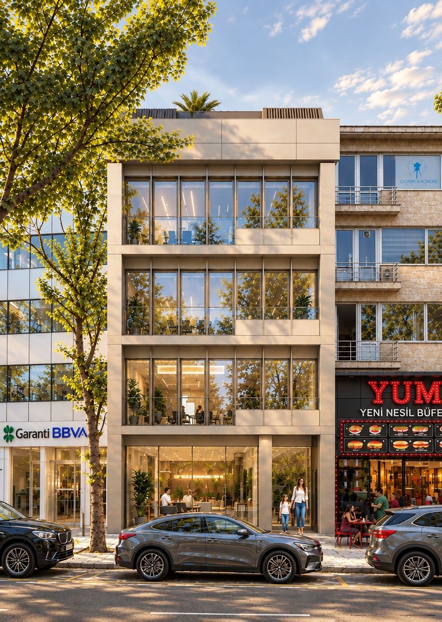 An incredibly lifelike, richly detailed, photorealistic eye-level exterior shot of a boutique contemporary office building, set in a bustling urban streetscape. The scene is illuminated by the golden, honeyed hues of a late afternoon sun, creating a sophisticated and airy atmosphere. Captured with a 35mm lens, the image emphasizes the crisp, clean-lined facade finished in refined shades of warm white and soft champagne, balanced by slim metallic mullions that frame expansive, light-filled windows. 

The architecture exudes a sense of contemporary elegance; the ground floor presents a transparent, inviting lobby featuring polished stone surfaces and curated interior greenery. Through the glass, one can discern tailored upholstered furniture and sculptural lighting fixtures that define the refined, polished aesthetic of the workspace. The surrounding urban context—a vibrant mixture of neighboring commercial storefronts and mature leafy trees—is cast in a gentle interplay of light and soft shadows, highlighting the architectural depth of the building’s recessed windows and sleek, modular paneling. Every detail, from the subtle reflection of the sky on the glazing to the precise placement of pedestrians on the sidewalk, contributes to a polished, professional composition that feels at home in a high-end architectural photography book.
