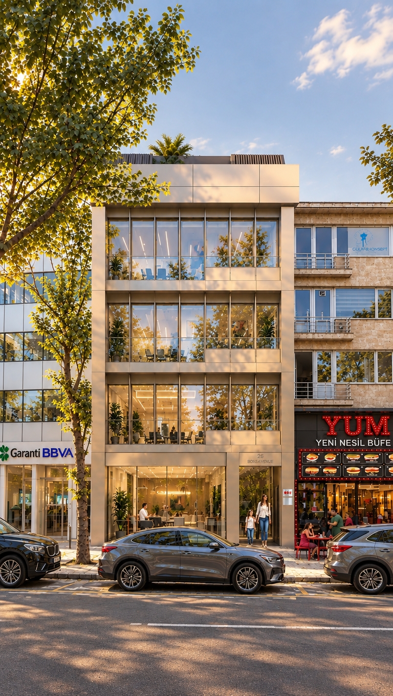 An incredibly lifelike, richly detailed, photorealistic eye-level exterior shot of a contemporary mixed-use urban building set in a bustling, sun-drenched city street. The scene is illuminated by the soft, golden glow of late afternoon light, creating a sophisticated and airy atmosphere that highlights the building's refined façade. Captured with a professional 35mm tilt-shift lens, the image emphasizes the crisp, clean-lined geometry of the champagne-toned metal cladding and the seamless transparency of the floor-to-ceiling glazing. 

The architecture exudes a sense of understated elegance, featuring polished stone accents and slim vertical mullions that frame the vibrant activity within. Through the glass, one can glimpse a curated interior environment characterized by warm white and pearl-toned finishes, where tailored upholstered furniture, sculptural lighting fixtures, and abstract wall art contribute to a polished, boutique office aesthetic. The composition is perfectly balanced, nestled between traditional masonry neighbors, with the warm hues of the building’s exterior reflecting the gentle foliage of a nearby tree. The street-level vibrancy—captured with subtle motion—adds a layer of human-centric realism, grounding the building in its urban context while showcasing its bright, light-filled, and welcoming presence.