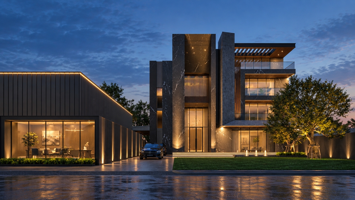An incredibly lifelike, richly detailed, photorealistic wide-angle shot of a grand contemporary residence set in an upscale, tranquil suburban enclave at twilight. The scene is illuminated by the soft, golden glow of integrated architectural lighting and the cool, deep blues of the dusk sky, creating a sophisticated and serene atmosphere. Captured with a high-end architectural lens, the image emphasizes the dramatic juxtaposition between the dark, veined marble facade of the main structure and the sleek, vertical-slatted metal siding of the adjacent home office pavilion. 

The main residence commands attention with its imposing dark marble cladding, while the minimalist home office to the left reveals a serene, uncluttered interior through floor-to-ceiling glass walls, showcasing zen-inspired furnishings, sleek metallic accents, and a singular, sculptural indoor plant. Clutter-free surfaces reflect the warm interior lighting, punctuated by subtle abstract wall art in shades of white and gray. Outside, a lush, manicured lawn is anchored by a mature tree under-lit to highlight its foliage, while a contemporary fountain feature adds a gentle touch of movement to the crisp, modern composition. The balance of shadow and light, combined with the polished concrete driveway and subtle perspective, defines this residence as a refined, functional, and elegant modern haven.