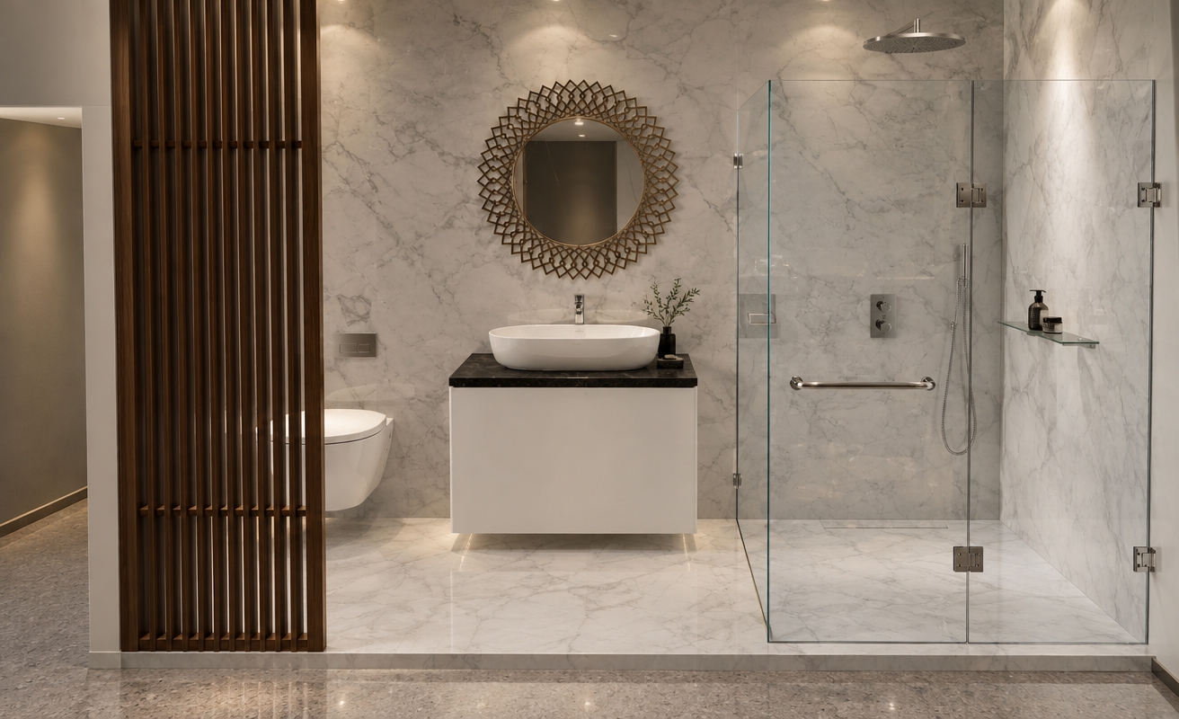 An incredibly lifelike, richly detailed, photorealistic interior shot of a sophisticated minimalist bathroom suite set in a serene, high-end residence during a cool spring night. The scene is illuminated by soft, recessed ambient lighting that casts gentle shadows, creating a tranquil and luxurious atmosphere. Captured with a 35mm lens, the rendering emphasizes the cool, vein-rich texture of the Carrara white marble flooring and wall cladding, which provides a seamless, ethereal backdrop for the space. At the center, a sleek, white Kohler vessel sink rests elegantly atop a dark granite countertop, paired with a contemporary, high-polished Kohler faucet, while a striking, non-Kohler geometric sunburst mirror hangs above as a bold artisanal focal point. To the left, a masterfully crafted slatted walnut privacy screen adds warmth and organic texture, contrasting beautifully against the cool stone and the pristine, wall-hung Kohler toilet. To the right, a frameless, glass-enclosed walk-in shower—outfitted with premium Kohler thermostatic shower components and polished chrome hardware—features a floating glass shelf that catches the subtle evening light. The composition is balanced and symmetrical, highlighting the clean lines and refined materiality of the sanctuary, with the perspective drawing the eye across the polished surfaces to create a sense of expansive, quiet comfort.