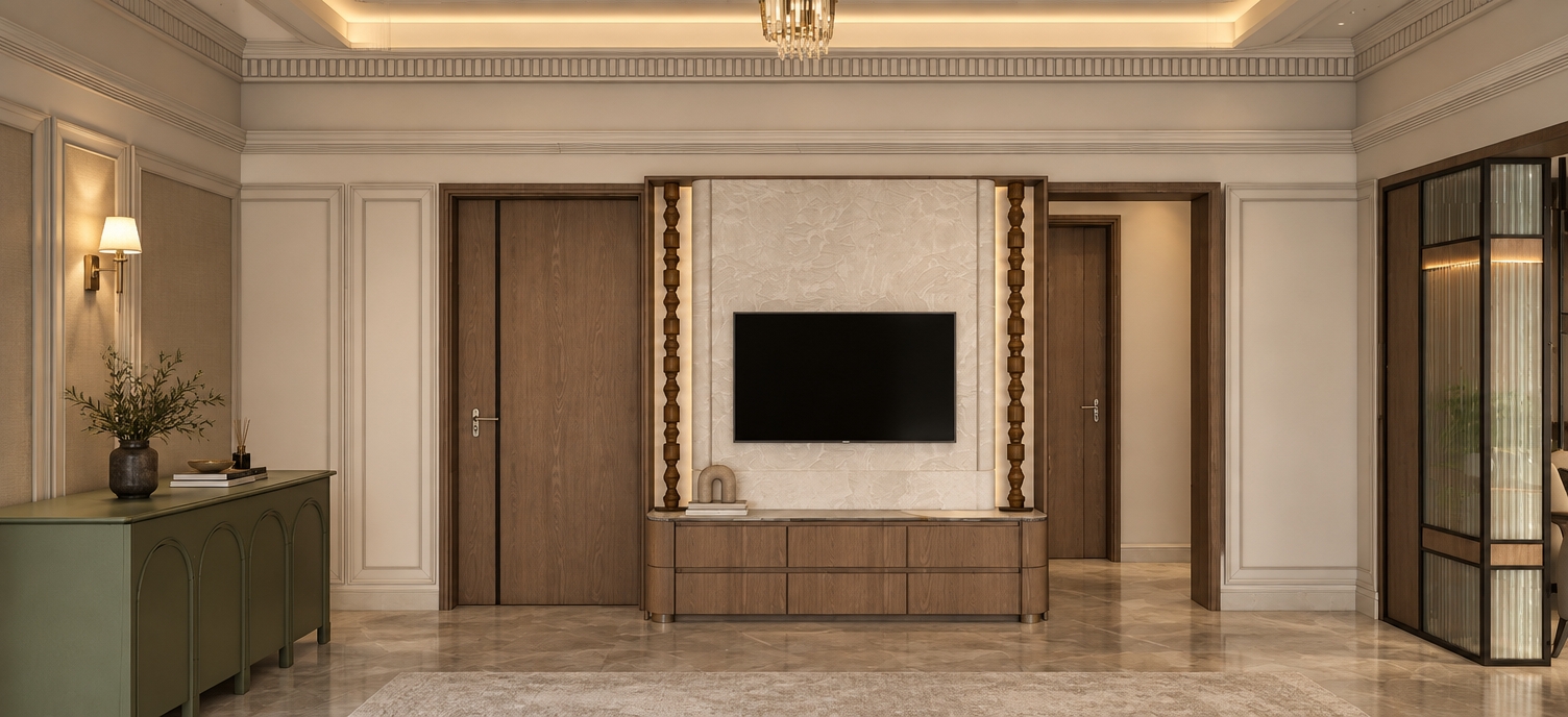 A sharp eye-level architectural photograph of this exact lobby composition, illuminated by warm ambient ceiling cove lighting and a soft glow from the wall sconce. The scene features authentic surface physics, showcasing tactile vertical wood grain across the flush doors and low media unit, textured matte plaster on the central TV feature panel, and delicate optical refraction along the fluted glass partition. Clean diffuse contact shadows articulate the wall moldings and crown details, while a balanced neutral color temperature, subtle surface reflections on the floor, and crisp interior lens clarity bring the entire space into photorealistic fidelity.