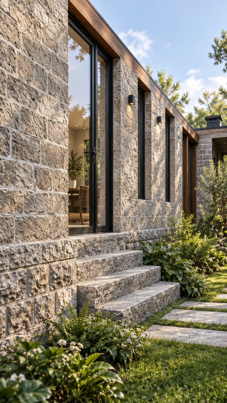 A crisp architectural photograph preserving the original perspective, framing, and masonry layout, featuring a sharply defined bush-hammered stone plinth with tactile, chiseled rock textures and authentic mortar lines. Fitted within the first wall opening is a clear glass door with exterior steps leading down into a luscious green garden. The scene is illuminated by soft, natural daylight creating gentle contact shadows, captured through a 35mm lens with balanced exposure, subtle depth of field, and faint photographic grain.