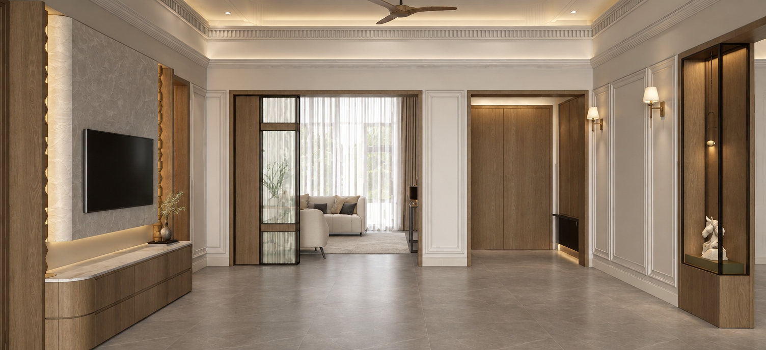 An incredibly lifelike, richly detailed, photorealistic interior shot of a sophisticated lobby and adjoining living area set in a contemporary residence during a bright spring midday. The scene is illuminated by soft, diffused natural light filtering through sheer curtains, creating a serene and welcoming atmosphere. Captured with a 24mm wide-angle lens, emphasizing the warm, vertical wood grain of the cabinetry, the crisp white of the neoclassical wall moldings, and the smooth, matte texture of the large-format slate floor tiles. 

The composition centers on a seamless transition between the grand foyer and the sun-drenched living space, framed by a striking fluted glass partition and sleek, custom millwork. To the right, a recessed display niche features a sculptural art piece highlighted by warm accent lighting, perfectly balanced by the rhythmic, structured geometry of the TV feature wall on the left. The ceiling’s recessed cove lighting and minimalist fan add depth to the overhead space, while the clean lines and neutral color palette evoke an air of refined, contemporary elegance, blending traditional architectural detailing with modern luxury.