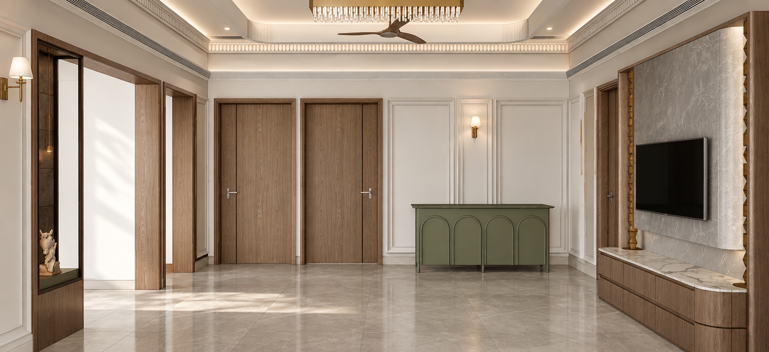 An incredibly lifelike, richly detailed, photorealistic interior shot of a sophisticated lobby area set in a contemporary residence during a bright spring midday. The scene is illuminated by soft, diffused natural light filtering in, creating a serene and airy atmosphere. Captured with a 35mm lens, emphasizing the rich, vertical wood grain of the flush-panel doors and the tactile, matte finish of the sage-green arched sideboard.

The composition centers on a harmonious balance between classic architectural molding and modern clean lines. The flooring features large-format, cool-toned porcelain tiles that offer a subtle, light-reflecting sheen, grounding the space. To the right, the media wall showcases a seamless integration of walnut-toned cabinetry and a sleek, marble-topped console, while the left features a refined display niche housing a delicate sculpture. A striking contemporary chandelier with crystalline accents hangs from the cove-lit tray ceiling, casting gentle highlights across the crisp white walls. The scene feels effortlessly curated, blending warmth and refined minimalism for an inviting, high-end residential foyer.