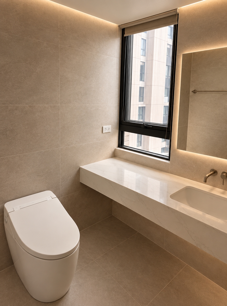 An incredibly lifelike, richly detailed, photorealistic wide-angle interior photo of a transformed bathroom set in a contemporary luxury residence. The scene is illuminated by soft, diffused daylight pouring through a sleek black-framed window and complemented by warm indirect LED perimeter lighting, creating a serene, spa-inspired atmosphere. Captured with a 24mm tilt-shift architectural lens, emphasizing subtle tactile matte textures, crisp geometric lines, and flawless stonework. 

The walls and floors are enveloped in large-format, warm greige matte ceramic tiles, eliminating harsh glare and providing an understated, velvety backdrop. Floating effortlessly along the wall, a bespoke vanity crafted from pristine off-white engineered stone features delicate micro-veining, an integrated seamless undermount basin, and minimalist brushed bronze fixtures. Above the counter, a custom frameless mirror with soft halo backlighting opens up the verticality of the room, while the modernized compact smart toilet with concealed plumbing blends quietly into the tailored composition, achieving an impeccable balance of contemporary elegance and everyday function.
