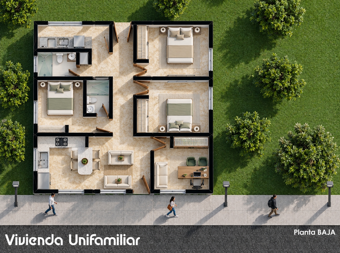 Saludos. Con tu gran capacidad para resolver problemas complejos y tu excelente creatividad para el Diseño Arquitectónico. Podrías crear una Render arquitectónico fotorrealista de alta resolución de una Vivienda Unifamiliar, capturada en una tarde luminosa y despejada con una lente nítida desde una perspectiva elevada (Vista Ortogonal). La brillante luz del sol proyecta sombras nítidas y definidas en la edificación. Mejorar la Resolución de la Escena Arquitectónica que se encuentra en el archivo adjunto. Respetar la Geometría Original y Conservar los Detalles. Crear Tres (03) Postes Modernos para la Iluminación Exterior Tipo LED (con la Luz Apagada) en la Acera que se encuentra en la parte Inferior de la imagen adjunta. Crear Tres (03) personas transitando por la Caminería. Crear textura de Mármol Travertino dentro de la Vivienda y una textura de Porcelanato color Blanco Hueso, en salas sanitarias. Crear las Paredes de Corte con color negro. Mejorar un poco la cobertura vegetal general. Generar la Imagen Fotorrealista en 4K. Gracias anticipadas.