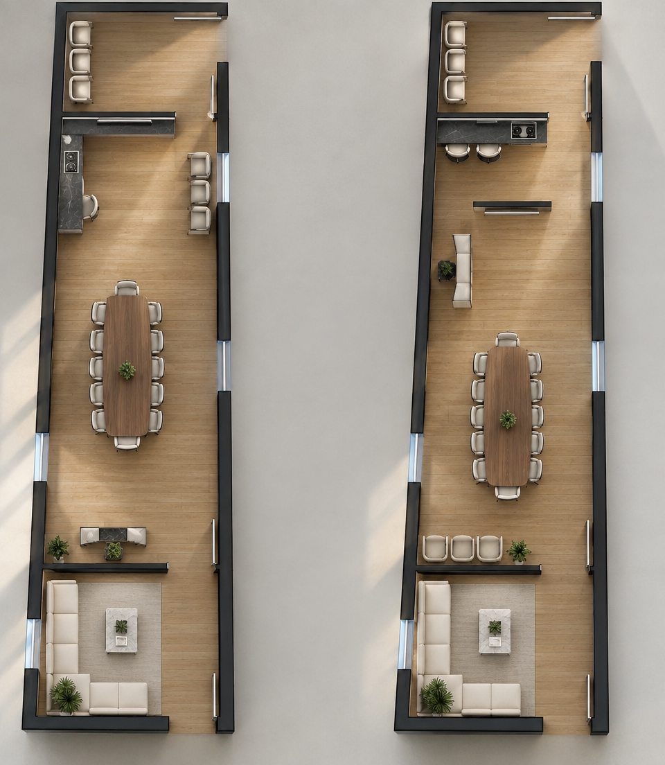 An incredibly lifelike, richly detailed, photorealistic top-down architectural bird's-eye photograph of an elongated modern executive home office suite set in a high-end contemporary urban interior. The scene is illuminated by bright midday natural sunlight pouring through floor-to-ceiling side windows, creating a serene, highly professional atmosphere with soft, delicate shadows grazing the surfaces. Captured with an overhead medium-format architectural camera and an ultra-sharp wide tilt-shift lens, emphasizing the continuous warm honey-oak plank flooring, matte black trim, and luxurious matte textures. The open-concept layout unfolds seamlessly from a cozy reception lounge featuring a tailored cream L-shaped sectional sofa and marble coffee table framed by leafy potted plants, transitioning past a sleek private workstation into a commanding, minimalist oval conference table encircled by upholstered executive swivel chairs. Further along, an understated kitchenette with polished slate countertops and designer barstools anchors the hospitality corner, perfectly embodying clean lines, refined spatial balance, and effortless contemporary elegance.