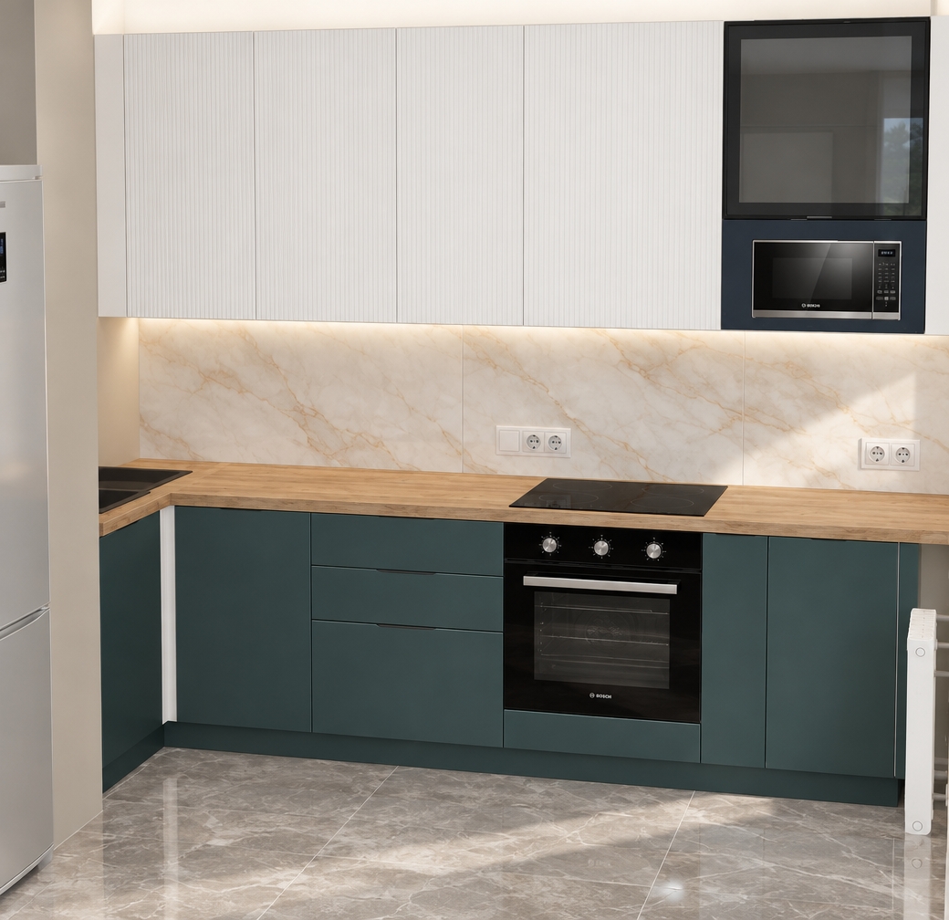 An incredibly lifelike, richly detailed, photorealistic eye-level interior shot of a contemporary kitchen set in a bright, modern apartment. The scene is illuminated by soft, natural morning light filtering from an off-camera window, creating a serene and sophisticated atmosphere. Captured with a 35mm wide-angle lens, emphasizing the seamless harmony between the natural timber textures and the refined stone surfaces.
The kitchen features deep, matte-teal cabinetry that provides a striking contrast against the warm, organic wood-grain countertop. The backsplash is composed of luxurious "warm marble" tiles, featuring a crisp white base with elegant, subtle sand-toned veining that radiates warmth. Below, the floor is finished in polished grey marble tiles, which reflect the ambient light and add a sense of weight and grounded elegance to the space. High-end integrated appliances, including the sleek black induction cooktop and built-in oven, are flush-mounted for a clean, minimalist silhouette. The composition is balanced and functional, with every element—from the crisp white wall panels above the cabinetry to the precise placement of electrical outlets—rendered with impeccable precision to evoke a sense of quiet, contemporary luxury.
