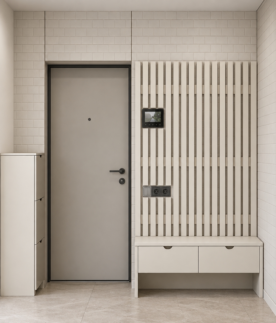 A crisp architectural photograph of the entryway maintaining the exact layout, composition, and neutral palette, illuminated by soft, diffuse interior light. The vertical slatted panel and built-in bench drawers feature a clean, light off-white matte finish set against the subtle brick-patterned wall texture above. A modern entrance door is installed seamlessly inside the tall doorway opening. Mounted flush within the designated upper cutout on the slats is a sleek video intercom screen, while the lower horizontal cutout cleanly integrates a set of matching electrical outlets. Soft contact shadows define the spaces between the slats, complemented by realistic surface micro-textures, subtle reflections, and sharp photographic focus.