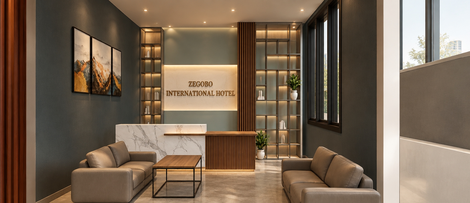 An incredibly lifelike, richly detailed, photorealistic interior shot of the Zegobo International Hotel lobby set in a refined urban environment. The scene is illuminated by soft, recessed warm lighting that highlights the sophisticated mid-century modern aesthetic, creating a serene and timeless atmosphere. Captured with a 35mm wide-angle lens, the composition emphasizes the clean linear geometry of the space, showcasing the juxtaposition of polished white marble and rich, vertical walnut slatted paneling at the reception desk. 

The lobby feels uncluttered and purposeful, featuring sleek, low-profile sofas in soft earth tones that invite relaxation. A minimalist teak coffee table sits centrally, grounding the space, while abstract landscape wall art in hues of ochre, burnt orange, and muted blues adds a vibrant, curated touch to the charcoal-grey feature walls. Elegant, floor-to-ceiling metal shelving units act as translucent room dividers, housing small, organic indoor plants that breathe life into the architecture. Every surface is pristine, with soft shadows dancing across the matte-tiled floor, reflecting a perfect balance between professional functionality and homey, iconic comfort.