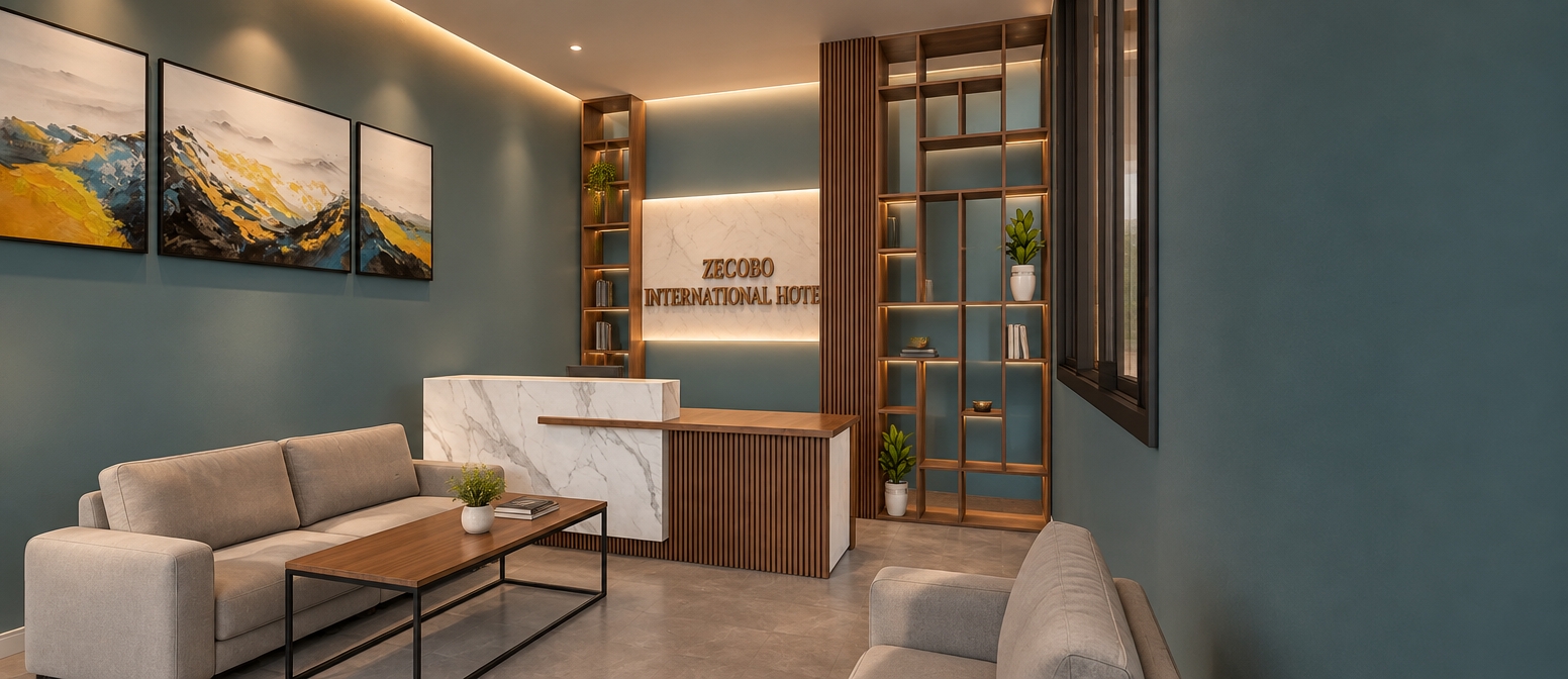 An incredibly lifelike, richly detailed, photorealistic wide-angle interior shot of a boutique hotel lobby set in an urban, upscale environment. The scene is illuminated by soft, recessed warm-toned cove lighting and gentle natural light filtering from an unseen source, creating a sophisticated and welcoming mid-century modern atmosphere. Captured with a 35mm lens, the perspective emphasizes the clean, linear geometry of the reception area. 

The focal point is a sleek reception desk featuring a striking juxtaposition of book-matched Carrara marble and warm, vertical walnut slats that echo the timeless mid-century aesthetic. Behind the desk, an intricate, open-grid floor-to-ceiling shelving unit provides an airy partition, punctuated by small, vibrant indoor plants that bring an organic touch to the space. The walls are painted in a soothing, muted blue, perfectly complementing the rich earth tones of the abstract, textured landscape triptych hanging prominently to the left. A low-profile, comfortable sofa in a neutral tone paired with a minimalist walnut coffee table completes the seating area, emphasizing an uncluttered, functional design. The matte grey tiled floor adds a grounded, modern foundation, while the sharp, clean lines and thoughtful use of teak and walnut accents define a space that is both iconic and effortlessly serene.