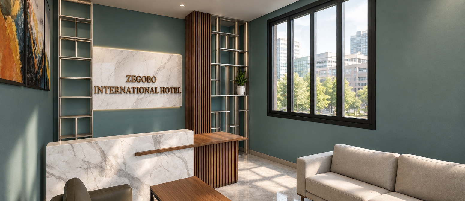 An incredibly lifelike, richly detailed, photorealistic interior shot of the Zegobo International Hotel lobby set in a sophisticated urban environment. The scene is illuminated by soft, natural daylight filtering through the large window panes, creating a serene and welcoming atmosphere. Captured with a 35mm wide-angle lens, emphasizing the rich, organic textures of the walnut-slatted accent wall and the polished, cool-veined white marble of the reception desk.

The space exudes a refined mid-century modern aesthetic, blending functional design with timeless elegance. The muted teal walls provide a calming backdrop for abstract, vibrant wall art that introduces subtle pops of burnt orange. A sleek teak console extends from the marble structure, maintaining an uncluttered, linear flow throughout the room. To the side, a plush, neutral-toned sofa invites guests to linger in comfort, while a delicate indoor plant perched on the open-grid metal shelving adds a touch of organic life. The composition is perfectly balanced, highlighting the contrast between the warmth of the walnut wood and the crisp, clean lines of the architectural metal partitions, resulting in a space that feels both professional and intimately curated.