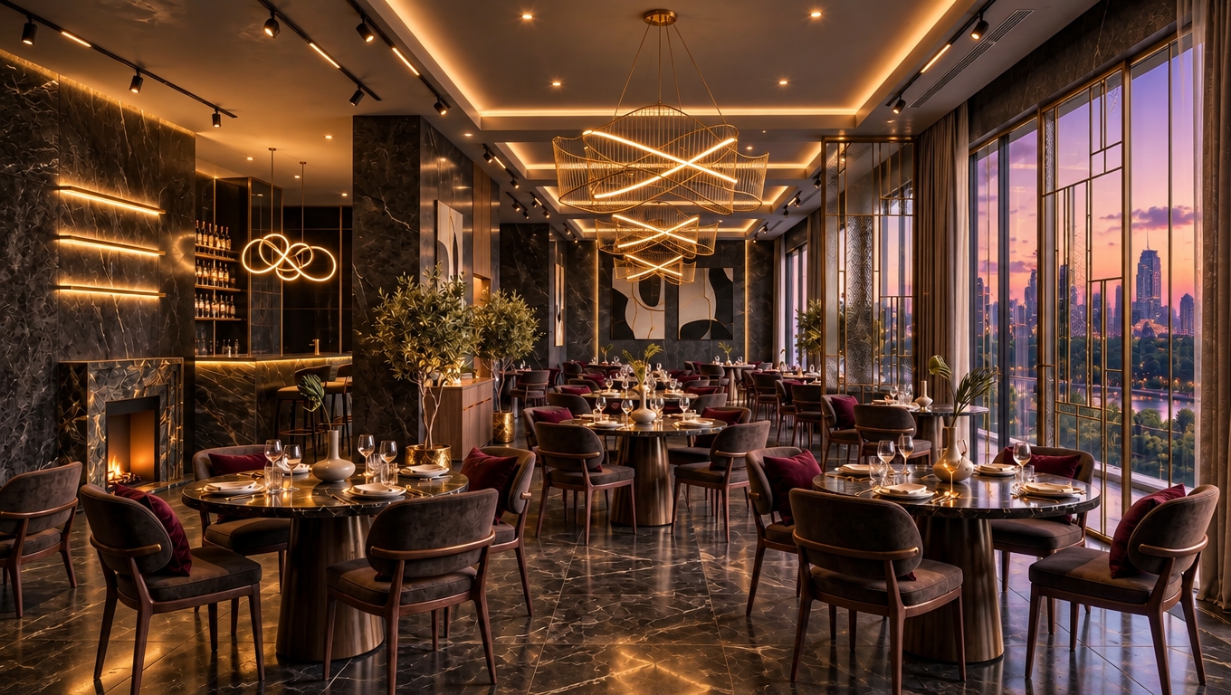 An incredibly lifelike, richly detailed, photorealistic wide-angle interior shot of a high-end restaurant set in an urban luxury high-rise at twilight. The scene is illuminated by the soft, warm glow of intricate, sculptural gold chandeliers and integrated linear LED accents, creating a sophisticated and glamorous atmosphere. Captured with a 35mm lens, the composition emphasizes the interplay between the deep, obsidian-hued marble surfaces and the lavish, jewel-toned velvet upholstery of the rounded dining chairs. Art deco influences are woven throughout the space, from the bold, symmetrical geometric patterns in the soaring floor-to-ceiling glass partitions to the meticulously curated graphic wall art that anchors the room’s rhythm. Polished lacquer tables reflect the golden light, while strategically placed indoor plants, such as refined olive trees, provide a touch of organic texture against the sleek, ornamental metallic finishes. The perspective draws the eye through a rhythmic progression of circular dining arrangements toward the expansive windows, where the fading purple hues of a city sunset blend seamlessly with the building’s opulent interior, highlighting the depth of field that renders every sharp edge and polished brass detail with exquisite, magazine-quality clarity.