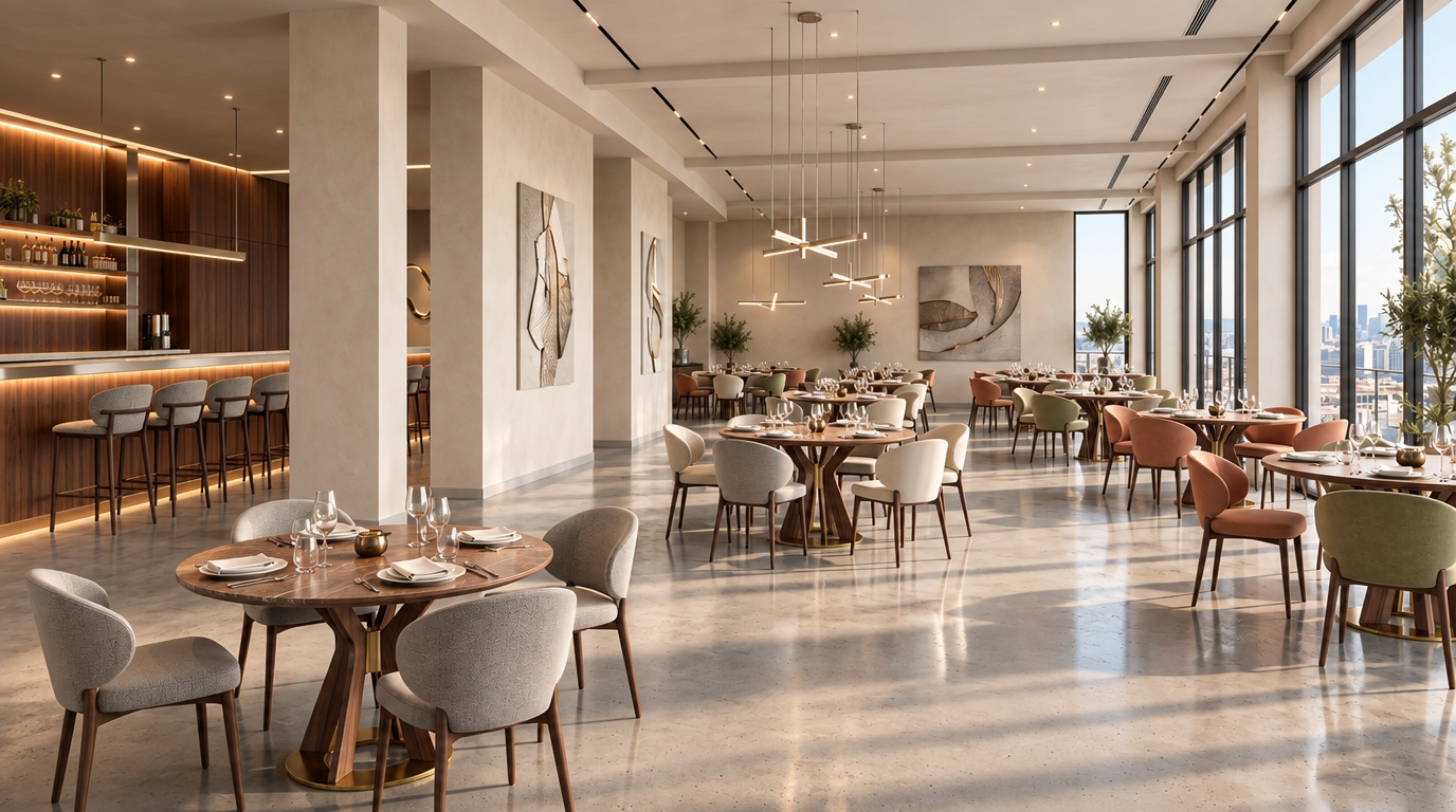 An incredibly lifelike, richly detailed, photorealistic wide-angle interior shot of a contemporary fine-dining restaurant set in an expansive, high-ceilinged urban space. The scene is illuminated by soft, natural afternoon light streaming through floor-to-ceiling windows, creating a serene, airy, and sophisticated atmosphere that highlights the interplay of textures. Captured with a 35mm lens, the composition emphasizes a balanced arrangement of circular dining tables featuring rich walnut bases and polished stone surfaces, surrounded by meticulously tailored upholstered chairs in muted tones of pearl, champagne, and soft gray. The architecture is defined by clean lines and smooth, warm-white plaster walls adorned with textured abstract wall art that draws the eye, while slim, brushed-metal accents on sculptural, geometric pendant lights add a touch of refined industrial glamour. In the background, a sleek bar area with warm wood paneling and integrated lighting creates a sense of depth, while the polished concrete flooring reflects the diffuse sunlight, grounding the airy furniture in a seamless, professional aesthetic that feels both inviting and exclusive.