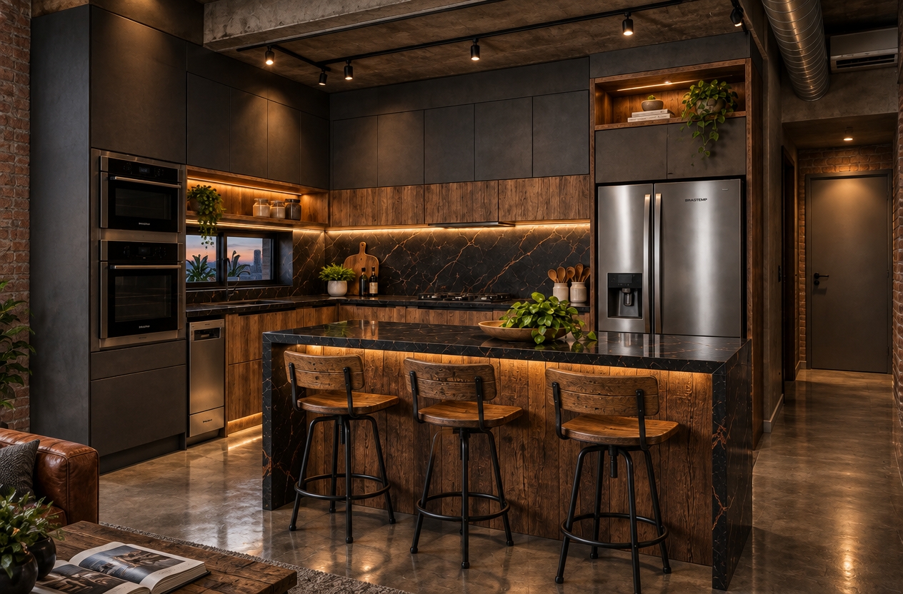 An incredibly lifelike, richly detailed, photorealistic wide-angle interior photograph of an expansive open-plan kitchen and living area set in a rugged urban industrial loft conversion. The scene is illuminated by warm, focused directional track lighting, subtle amber LED strips under open shelving, and soft twilight pouring through massive multi-pane black steel factory windows, creating an intimate, moody, and sophisticated atmosphere. Captured with a professional medium format camera and a 24mm tilt-shift lens, emphasizing the tactile depth of polished poured-concrete flooring, raw exposed ceiling beams, galvanized ductwork, and the dramatic contrast between matte charcoal cabinetry and wire-brushed reclaimed timber. The functional culinary center features a massive waterfall island composed of honed Nero Marquina marble with crisp rust-veined undertones, paired with swivel counter stools constructed from welded blackened iron and aged oak planks. In the adjoining open space, a grand, patinated vintage leather sofa in deep cognac-rust rests atop a distressed gray wool rug, anchored beside a heavy reclaimed-wood coffee table presenting an open, glossy architectural photography book, while an oversized weathered-iron gear wall clock commands attention against an exposed distressed brick feature wall, perfectly marrying industrial grit with tailored modern luxury.