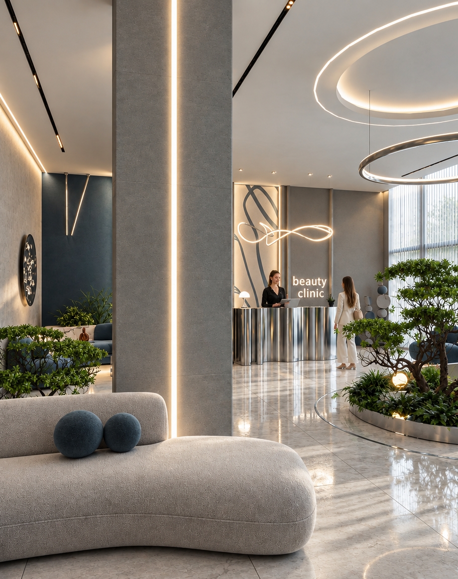 An incredibly lifelike, richly detailed, photorealistic wide-angle interior architectural photograph of the reception and lounge atrium set in an ultra-luxurious aesthetic beauty clinic. The scene is illuminated by soft, diffused midday spring daylight filtering through floor-to-ceiling sheer vertical blinds, harmoniously balanced by warm 3000K indirect ceiling cove illumination, razor-sharp embedded vertical LED profiles, and the radiant white glow of organic ribbon chandeliers, creating a serene, pristine, and sophisticated sanctuary atmosphere. Captured with a Hasselblad H6D-100c and a 24mm tilt-shift lens, emphasizing the tactile micro-textures of the curved beige bouclé sofa, the liquid-sheen reflections across fluted chrome paneling, the polished veins of large-format limestone floor tiles, and the glossy leaves of a sculptural bonsai tree anchored in an integrated circular indoor planter. In the background, an impeccably styled receptionist behind the undulating metallic reception counter interacts warmly with guests, framed by deep slate-blue accent walls, elegant organic wall art, and ambient recessed lighting that elevates this modern biophilic interior into a competition-grade architectural masterpiece.