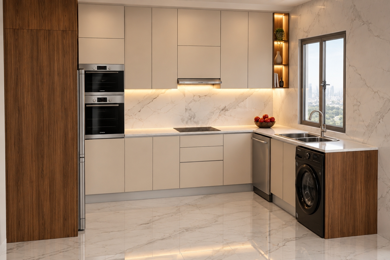 An incredibly lifelike, richly detailed, photorealistic eye-level interior shot of a sophisticated contemporary kitchen set in a serene, upscale urban residence. The scene is illuminated by soft, diffused daylight streaming through the window, accented by warm, integrated LED under-cabinet lighting and a subtle, glowing glow emanating from the vertical open niche, creating a refined and welcoming atmosphere. Captured with a 35mm wide-angle lens, the composition emphasizes the seamless harmony between the warm vertical-grain walnut cabinetry and the creamy matte-finish cupboards.

The kitchen features a striking Calacatta marble backsplash and flooring, which reflects the gentle light with a polished, luxurious sheen. High-end stainless steel appliances, including a sleek double oven and integrated dishwasher, sit flush against the minimalist cabinetry. On the countertop, a curated bowl of fresh, vibrant red apples adds a pop of organic color, while the brushed nickel faucet stands out against the clean lines of the sink. The vertical niche on the far right is illuminated with precise, warm LED strips, casting a soft luminescence that highlights decorative items. Every surface—from the veined stone to the wood-paneled floor-to-ceiling cabinet—exudes contemporary elegance, with deep, subtle shadows adding depth and a sense of tangible quality to the architectural composition.