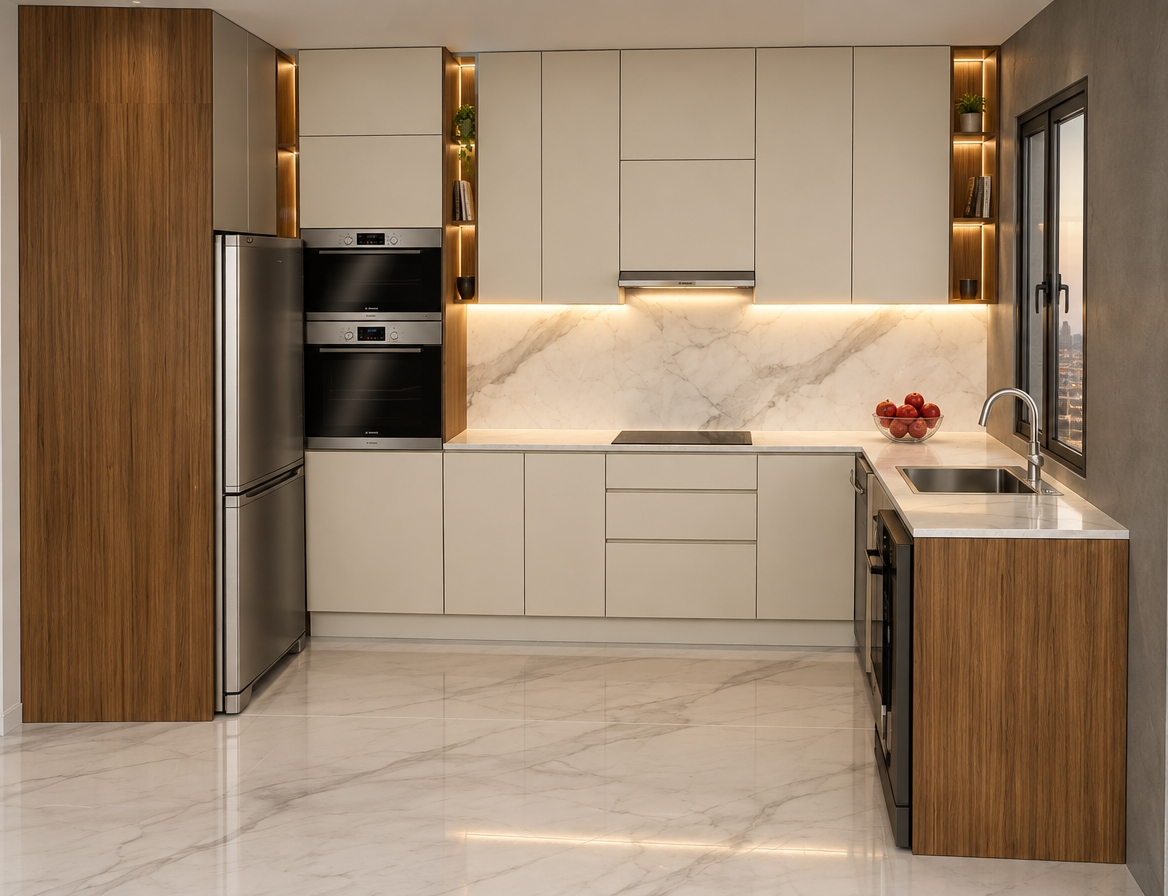 An incredibly lifelike, richly detailed, photorealistic eye-level interior shot of a contemporary kitchen set in an upscale urban apartment. The scene is illuminated by the soft, warm glow of integrated LED strips tucked beneath the upper cabinets and within the vertical open-shelf niche, creating a sophisticated and inviting atmosphere. Captured with a 35mm wide-angle lens, the composition emphasizes the clean lines of the matte-cream cabinetry paired with the rich, vertical grain of natural walnut accents. 

The seamless white Calacatta marble backsplash and floor tiles feature delicate grey veining that catches the light, adding depth to the space. High-end stainless steel integrated appliances, including a double oven and a sleek faucet, glisten with precision, while a bowl of vibrant, fresh apples sits on the countertop as a pop of color. The lighting design highlights the interplay between the cool grey surfaces and the warmth of the wood, resulting in a refined, minimalist aesthetic that feels both functional and luxurious.