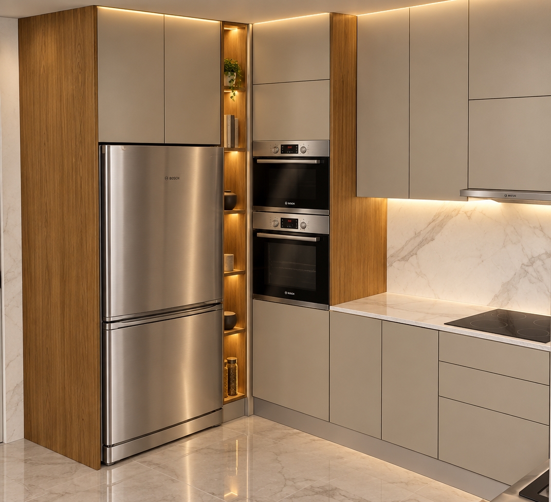 An incredibly lifelike, richly detailed, photorealistic interior shot of a sophisticated contemporary kitchen. The scene is illuminated by subtle, warm-toned integrated LED lighting glowing softly from beneath the upper cabinetry and within the slender vertical open-shelf niche, creating a refined and welcoming atmosphere. Captured with a 35mm lens, the rendering emphasizes the luxurious contrast between the matte greige lacquered cabinet doors and the rich, vertically grained oak veneer side panels. The polished Calacatta marble backsplash features delicate grey veining that reflects the gentle under-cabinet illumination, while the professional-grade stainless steel Bosch double ovens and refrigerator anchor the workspace with industrial precision. The composition captures a seamless balance of textures, from the cool, high-gloss marble flooring to the warm wood accents, presenting a space that exudes modern minimalist elegance and thoughtful, functional design.