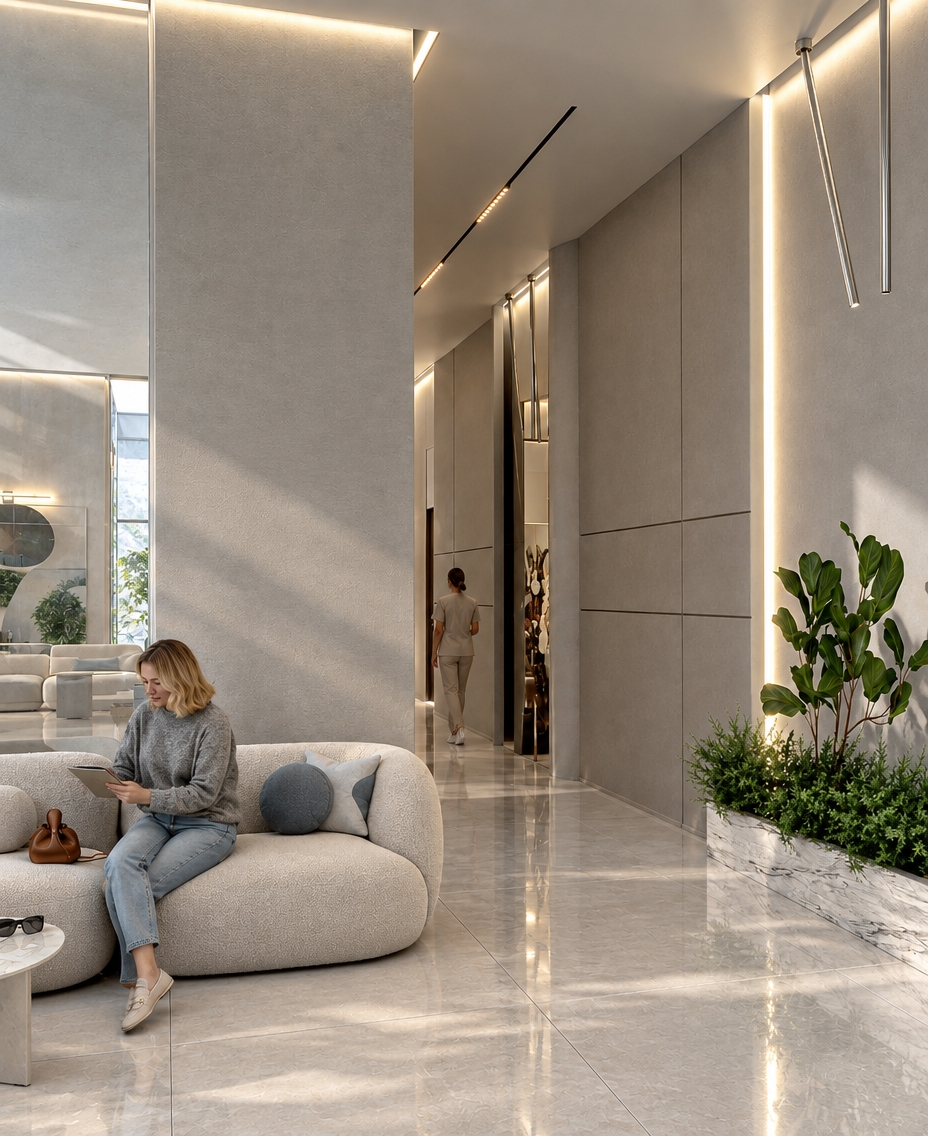 An incredibly lifelike, richly detailed, photorealistic medium-angle interior shot of a high-end luxury beauty clinic lobby set in an urban medical-aesthetic facility. The scene is illuminated by soft, diffused daylight filtering through a glass partition and crisp, warm vertical LED architectural accents, creating a serene, sophisticated atmosphere. Captured with a professional-grade 35mm f/1.4 lens, emphasizing the intricate micro-textures of the plush bouclé sofa upholstery, the cool vein patterns of the Calacatta marble planter, and the high-gloss, reflective porcelain floor tiles. 

The composition captures a natural, candid moment as a woman in casual attire sits comfortably on the curved, textured sofa, engaged with a tablet, blending seamlessly into the minimalist, monochromatic grey palette. The lighting is perfectly balanced, showcasing subtle ambient occlusion in the wall recesses and deep, ray-traced reflections on the polished floor that ground the furniture within the space. A vibrant, lush green plant nestled in the stone planter provides a natural organic contrast to the sleek, linear precision of the wall paneling and modern ceiling tracks, evoking the feeling of a tranquil, premium environment designed for refinement and client comfort.