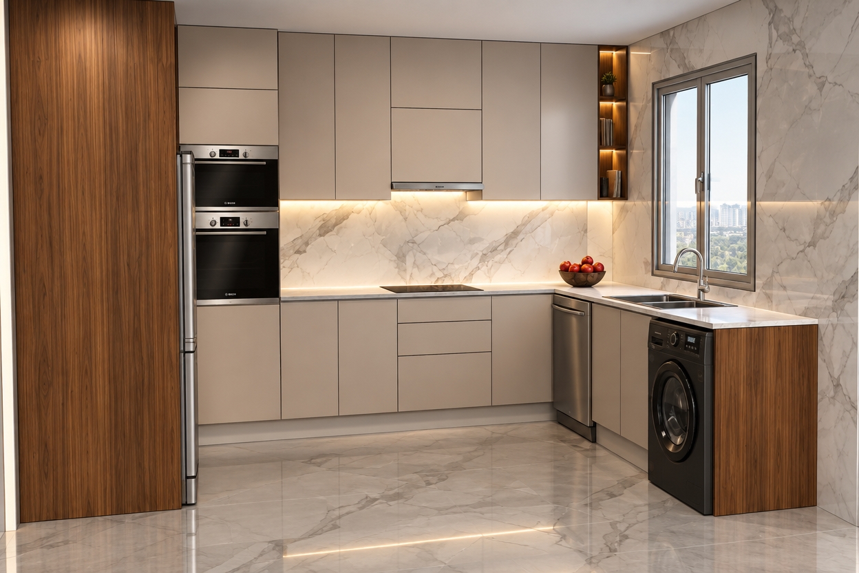 An incredibly lifelike, richly detailed, photorealistic interior shot of a sophisticated contemporary kitchen set in an urban luxury apartment. The scene is illuminated by crisp, hidden under-cabinet LED lighting that casts a soft, warm glow across the pristine white marble backsplash, while a secondary integrated LED strip creates a dramatic accent within the vertical open-shelf niche, highlighting its rich walnut finish. Captured with a 35mm lens, emphasizing the seamless contrast between the matte beige cabinetry, the tactile grain of the vertical wood-paneled feature wall, and the cool, polished marble flooring that sweeps throughout the space.

The composition highlights a perfect marriage of high-end utility and minimalist aesthetics. The sleek, stainless-steel integrated ovens and matching dishwasher reflect the subtle ambient light, while a pop of vibrant color from a bowl of fresh fruit on the counter anchors the workspace. The floor-to-ceiling marble wall behind the sink creates a sense of depth and expansiveness, framed by a slim-profile window that allows soft natural daylight to dance against the high-gloss surfaces. Every element, from the refined chrome faucet to the clean lines of the handleless cabinetry, is rendered with precision, evoking an atmosphere of refined, functional elegance and quiet modern luxury.