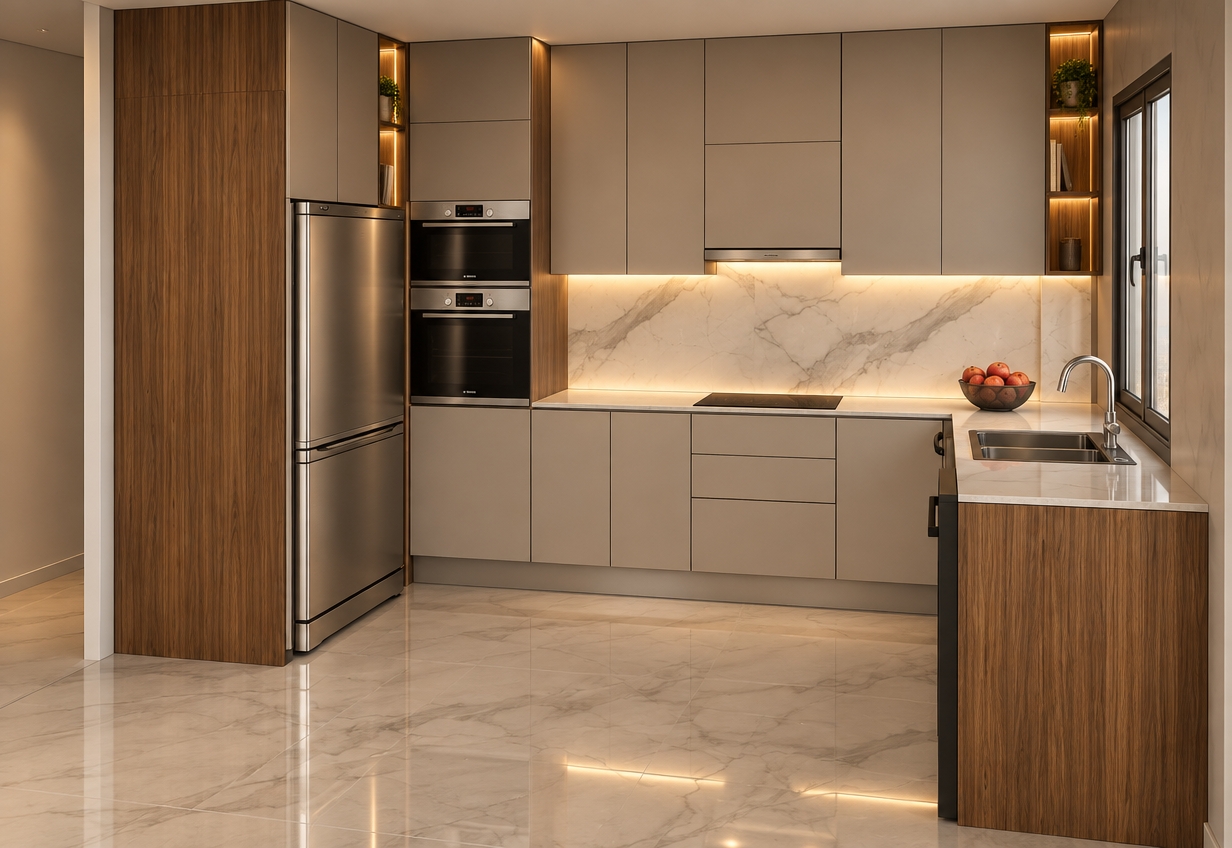 An incredibly lifelike, richly detailed, photorealistic eye-level interior shot of a contemporary kitchen set in an upscale urban apartment. The scene is illuminated by the soft, warm glow of integrated LED strips tucked beneath the upper cabinets and within the vertical display niche, creating a sophisticated and inviting atmosphere. Captured with a 35mm lens, emphasizing the high-contrast textures of warm, vertical-grain walnut cabinetry against sleek, matte taupe doors and a luxurious Calacatta marble backsplash. The polished marble flooring reflects the ambient light, enhancing the sense of depth and spaciousness. High-end stainless steel appliances, including a double wall oven, are seamlessly flush-mounted, while a minimalist chrome faucet stands prominently over the undermount sink. A bowl of vibrant, fresh apples sits on the countertop, adding a pop of organic color that contrasts with the refined, neutral palette of the space. The composition feels balanced and curated, with every material—from the stone veining to the natural wood warmth—rendered with tactile precision.