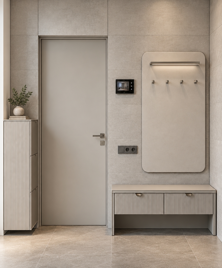 Architectural interior photograph of the modern entryway, maintaining the exact perspective, framing, and minimalist light-gray palette. Soft, warm ambient lighting illuminates the tiled wall, revealing realistic surface textures and clean grout lines. The drawer fronts of the storage bench and tall cabinet feature vertically fluted 3D reeded textures that catch subtle, delicate shadows. A sleek, contemporary door is fitted seamlessly into the open doorway. Metallic coat hooks are mounted across the rounded wall panel beneath the top rack, while the upper wall fixture functions as a modern glass-faced video intercom screen and the lower panel houses flush electrical sockets. Captured straight-on with a 35mm lens, showcasing authentic matte finishes, natural light falloff, and balanced photographic contrast.
