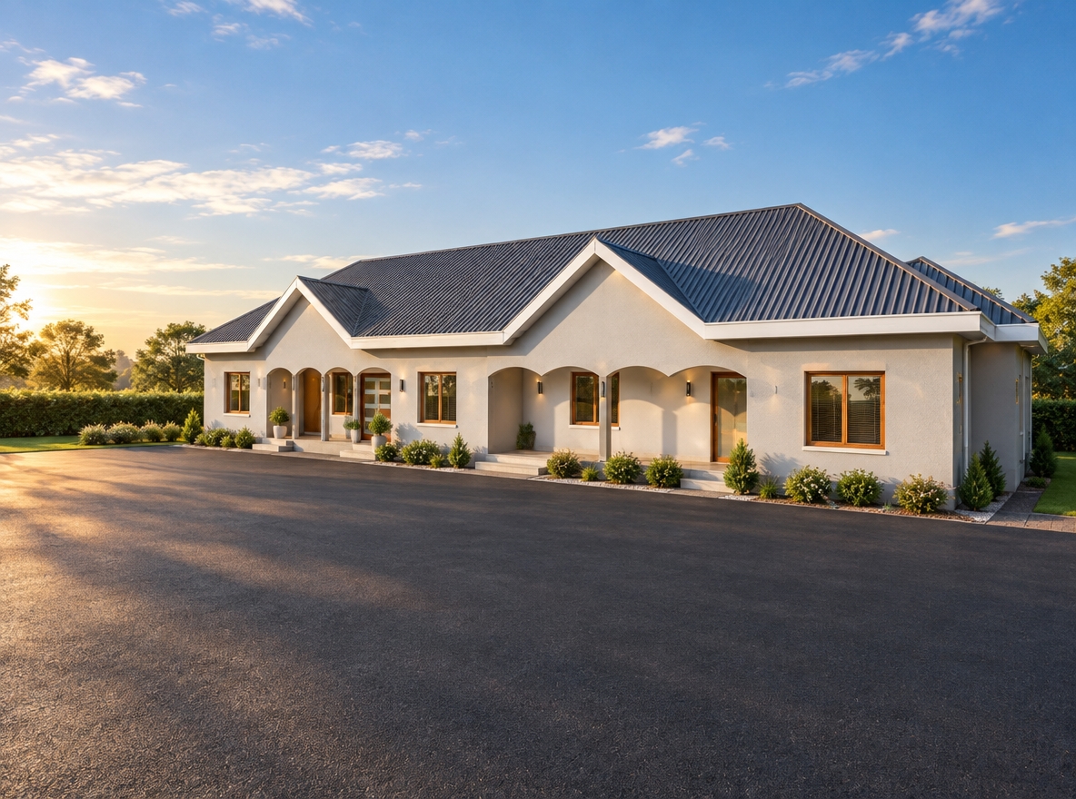 An incredibly lifelike, richly detailed, photorealistic wide-angle shot of a sprawling contemporary residence set in a manicured suburban landscape. The scene is illuminated by the crisp, golden light of late afternoon, creating a serene and inviting atmosphere. Captured with a 24mm lens on a full-frame camera, the composition emphasizes the clean lines of the cool-toned stucco façade and the precise geometry of the multi-gabled, corrugated metal roof. The building features an elegant porch defined by a series of rhythmic, scalloped arches that cast soft, architectural shadows against the smooth exterior walls, while the windows are framed in warm, natural wood that provides a striking contrast to the neutral palette. Below, the residence transitions seamlessly into a freshly laid, deep charcoal asphalt parking area, its surface featuring a subtle, realistic texture that catches the ambient light. The entire composition exudes a sense of modern permanence and sophisticated comfort, with the clear blue sky above and the gentle, realistic interplay of light and shadow across the building's volumes grounding the structure within a pristine, high-end residential environment.
