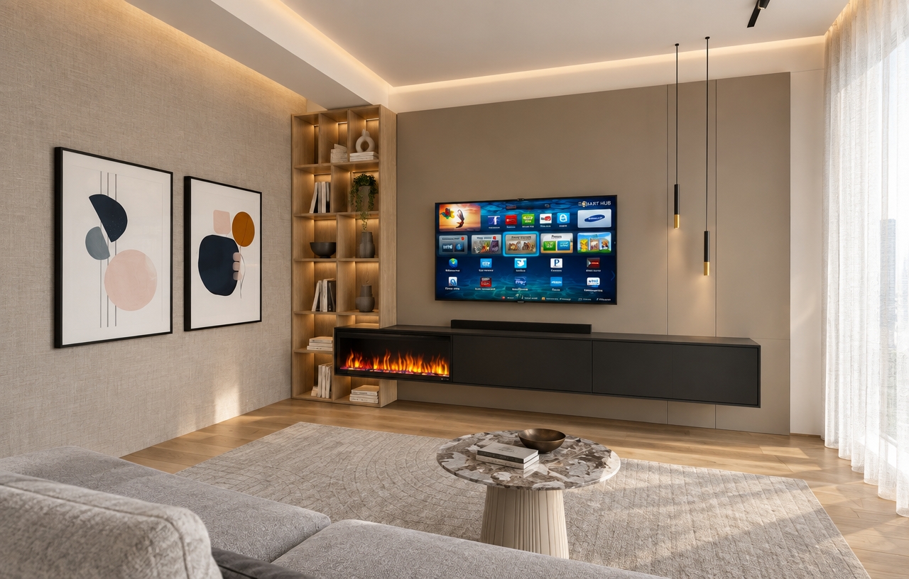 An incredibly lifelike, richly detailed, photorealistic interior shot of a sophisticated living room set in a contemporary high-rise apartment. The scene is illuminated by soft, diffused afternoon light filtering through floor-to-ceiling sheer drapes, creating a refined and airy atmosphere. Captured with a 35mm wide-angle lens, the image emphasizes the seamless harmony between the light oak cabinetry, the velvet-smooth champagne wall paneling, and the sharp, clean lines of the floating media console. The composition centers on a mesmerizing electric fireplace that casts a warm, rhythmic glow against the matte-black cabinetry, balanced perfectly by the cool, polished marble of the sculptural coffee table in the foreground. To the left, two minimalist abstract art pieces in gilded black frames provide a curated touch, while a pair of slender, minimalist pendant lights descends gracefully like jewelry, their matte black and gold finishes reflecting the understated elegance of the space. The soft gray textured area rug and the plush, tailored upholstery of the furniture ground the room, resulting in a perfectly balanced, magazine-quality interior that feels both inviting and impeccably polished.