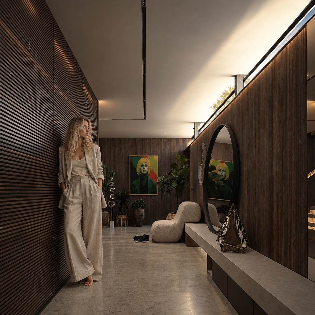 Hyper-realistic architectural interior photography refinement based strictly on the reference image.

ABSOLUTE PRESERVATION:

The existing architecture, layout, geometry, proportions, furniture placement, camera position, camera height, focal length, perspective, composition, framing, spatial relationships, and any existing rug remain completely unchanged.

Do not alter, redesign, reinterpret, relocate, resize, replace, remove, add, simplify, or reconstruct any architectural element, furniture, decoration, object, fixture, appliance, opening, wall, ceiling, floor geometry, kitchen island, cabinetry, doors, windows, or built-in element.

Do not change the camera angle or viewpoint in any way.

Do not crop, zoom, pan, tilt, rotate, dolly, shift, or reframe the image.

The original composition must remain exactly the same.

Only improve photographic realism, surface realism, material depth, human realism, texture quality, and physically accurate light–material interaction.

No redesign.
No reinterpretation.
No creative alteration.
No change to the architecture.
No change to the furniture layout.
No change to the composition.

The final image must remain visually identical in architecture and composition to the reference image, with only the requested material and human-realism refinements applied.

PHOTOGRAPHIC INTENT:

Transform the reference into an ultra-realistic, high-end editorial architectural photograph.

The image must look like a real professional architectural interior photograph captured on a full-frame professional camera, not a 3D render or CGI visualization.

Preserve the exact architectural design while upgrading the visual realism to an extremely sophisticated photographic level.

The final result should resemble a luxury architectural editorial photographed for a premium architecture or interior-design magazine.

Natural photographic imperfections, physically accurate materials, realistic light falloff, authentic reflections, subtle lens characteristics, realistic depth, and organic micro-detail.

No artificial perfection.
No CGI appearance.
No digital illustration.
No stylization.

OVERALL MOOD:

Dark, moody, low-key interior photography with a refined, intimate, sophisticated atmosphere.

The interior should feel warm, quiet, luxurious, tactile, calm, and naturally lived-in.

Maintain deep blacks and controlled shadows while preserving sufficient detail in dark areas.

Subtle natural lens vignette gently darkens the outer edges of the frame while keeping the central architectural composition clear and detailed.

Use restrained cinematic underexposure without destroying material information.

The image should feel sophisticated and atmospheric rather than dramatically stylized.

No excessive contrast.
No crushed shadow detail.
No artificial HDR.
No exaggerated cinematic effects.

LIGHTING:

Physically accurate architectural photography lighting.

Use deliberate cinematic underexposure while maintaining realistic exposure relationships between the interior, woman, furniture, walls, floor, and architectural elements.

Warm artificial lighting approximately 2700–3000K remains restrained, soft, directional, and realistic.

The warm artificial light should gently graze the walnut surfaces and architectural elements, revealing the natural grain, pores, subtle surface imperfections, and material depth primarily through controlled highlights and shadows.

Natural sunlight remains present and readable.

Soft natural daylight enters the space naturally and interacts with the floor, kitchen island, walnut cabinetry, walls, furniture, and the woman.

Natural daylight should create subtle controlled highlights, soft shadows, realistic reflections, and believable colour transitions.

Global illumination must remain physically correct but restrained.

Use realistic indirect bounce light, subtle ambient occlusion, physically accurate shadow density, realistic light falloff, and natural reflected colour from the walnut surfaces.

No dramatic artificial beams.
No theatrical lighting.
No glowing objects.
No excessive bloom.
No lens flare.
No stylized lighting effects.

FLOOR – LIGHT POLISHED CONCRETE:

The floor is replaced with light warm grey polished concrete while preserving the exact existing floor geometry, perspective, dimensions, joints, transitions, and spatial relationships.

Surface tone:

Soft light grey with subtle warm undertones and delicate natural tonal variation.

Avoid cold blue-grey coloration.

Finish:

Smooth, dense, mechanically polished concrete with a refined satin sheen.

Not mirror-like.
Not glossy.
Not wet-looking.

Micro-texture:

Visible fine aggregate.
Subtle mottling.
Very fine tonal variation.
Faint trowel marks.
Natural microscopic irregularities.
Subtle pores and mineral variation.

Reflectance:

Physically accurate low-to-medium reflectivity.

Light sources and surrounding architecture may create soft, broad, blurred reflections.

Reflections must never appear sharp, mirror-like, metallic, or artificially glossy.

Light interaction:

Grazing light gently reveals subtle surface variation, micro-imperfections, and fine texture.

The floor should feel heavy, mineral, tactile, architectural, and genuinely physical.

No wet look.
No high gloss.
No artificial uniformity.
No plastic appearance.
No CGI floor texture.

WALLS & CABINET FRONTS – PREMIUM DARK AMERICAN WALNUT VENEER:

All wall cladding, full-height wall panels, cabinet fronts, tall units, millwork, doors, built-ins, and all existing wood-finished architectural elements are finished in premium natural American Black Walnut veneer (Juglans nigra).

Preserve the existing design, proportions, panel layout, joint pattern, dimensions, geometry, doors, openings, and architectural composition exactly as shown in the reference image.

Use authentic architectural-grade natural walnut veneer with a rich, deep brown base and subtle warm undertones.

The overall colour should range naturally from dark chocolate brown to deep espresso brown, with slightly lighter warm brown variations naturally occurring within the grain.

The wood must have a sophisticated dark luxury appearance without becoming black.

Maintain enough tonal variation and surface depth for the natural walnut grain to remain clearly visible under both natural daylight and warm artificial lighting.

AUTHENTIC VENEER:

Use authentic book-matched or carefully slip-matched natural veneer.

Maintain continuous grain flow across adjacent wall panels, cabinet fronts, doors, and millwork.

The result should resemble bespoke high-end custom architectural joinery.

Natural American Black Walnut characteristics:

- rich chocolate and espresso-brown coloration
- subtle warm brown undertones
- muted caramel undertones in selected areas
- refined flowing grain
- naturally irregular growth patterns
- occasional subtle cathedral grain formations
- fine open pores
- subtle mineral variation
- realistic darker and lighter grain transitions
- authentic veneer seams
- realistic panel transitions
- natural variation between individual veneer sheets

The grain should remain elegant, relatively calm, refined, and architectural.

Avoid excessively dramatic rustic patterns.

The overall appearance must feel contemporary, sophisticated, expensive, restrained, and highly crafted.

COLOR CONSISTENCY:

Maintain a coherent dark walnut palette across all wood surfaces.

Do not introduce:

- reddish mahogany
- orange wood
- yellow oak
- grey wood
- artificial black wood
- flat dark brown
- overly red tones
- overly orange tones

The walnut should remain unmistakably natural American Black Walnut.

The veneer should appear naturally stained only enough to achieve the desired deep walnut tone while preserving the authentic optical depth, pore structure, grain variation, and dimensional character of real walnut.

FINISH:

Ultra-high-quality matte-to-satin clear lacquer, approximately 5–10 GU.

The finish should softly diffuse incoming light while preserving:

- tactile character
- pore structure
- grain depth
- natural dimensionality
- subtle surface imperfections
- authentic wood texture

The surface must never appear:

- glossy
- plastic
- laminated
- artificially black
- overly polished
- synthetic
- flat
- CGI-generated

LIGHT INTERACTION WITH WALNUT:

Warm ambient light creates subtle, soft highlights along the walnut grain.

Natural daylight reveals slightly cooler brown variations and three-dimensional veneer depth.

Grazing light emphasizes:

- pores
- grain direction
- veneer transitions
- subtle panel joints
- tiny surface irregularities
- natural tonal variation

Reflections remain broad, soft, restrained, and physically accurate.

No repeating texture.
No cloned grain.
No procedural-looking wood.
No artificial symmetry.
No laminate appearance.
No flat brown colour.
No excessive red.
No excessive orange.
No fake CGI wood.

The walnut must remain visually consistent throughout the image, with the same species, coloration, finish, grain character, and material identity.

MATERIAL REALISM:

All materials must exhibit physically accurate behaviour under the existing lighting.

Upholstered fabrics exhibit realistic textile density, visible individual fibres, soft light absorption, natural creasing, subtle compression, and realistic shadow behaviour.

Stone surfaces appear heavy, tactile, mineral, and physically dense, with true depth, micro-porosity, subtle tonal variation, and uneven reflectance revealed only where light grazes the surface.

Glass remains physically transparent with restrained, realistic reflections and subtle refraction.

Metal surfaces remain subdued with controlled specular highlights.

No material should appear excessively glossy or artificially perfect.

Every surface should contain subtle real-world micro-imperfections appropriate to its material.

WOMAN – EXACT SAME WOMAN AS THE PREVIOUSLY CREATED REFERENCE:

Add the SAME blonde woman from the previously created reference image.

She must visually correspond to the exact same woman previously generated.

Do NOT generate a different woman.

Preserve the same overall character, facial character, blonde hairstyle, body proportions, natural beauty, age appearance, feminine silhouette, and relaxed editorial presence.

She should look as though she is the exact same real woman photographed in another frame of the same professional architectural photoshoot.

CHARACTER CONSISTENCY:

Maintain the same:

- blonde hair character
- hairstyle
- facial proportions
- facial character
- natural expression
- body type
- body proportions
- feminine silhouette
- overall appearance
- relaxed personality
- realistic photographic quality

Do not change her into a different person.

Do not create a generic blonde model.

Do not alter her facial structure unnecessarily.

Do not make her younger or older.

Do not make her excessively glamorous.

Do not apply beauty-filter aesthetics.

APPEARANCE:

Naturally beautiful adult blonde woman.

Long, loose, softly wavy blonde hair.

Warm natural blonde colour with subtle darker blonde roots and realistic tonal variation.

Individual hair strands must be visible.

Hair should contain natural flyaway strands, subtle irregularities, realistic density, believable volume, and natural highlights.

Facial features should be refined but completely natural.

Preserve subtle natural facial asymmetry.

Skin should contain realistic pores, tiny imperfections, subtle tonal variation, believable translucency, and physically accurate subsurface scattering.

No plastic skin.
No airbrushed skin.
No artificial beauty filter.
No excessive smoothing.

OUTFIT – EXACT SAME BEIGE LINEN-LOOK TWO-PIECE SET:

The woman wears EXACTLY the same beige linen-look women's two-piece outfit previously created for her.

The outfit is a refined, relaxed, sophisticated women's linen-look set in the same style as the previously generated reference.

It consists of:

- relaxed oversized beige tailored blazer
- matching very wide-leg full-length trousers
- flowing wide trouser silhouette
- warm natural beige / sand / light taupe colour
- soft linen-look textile
- authentic woven fabric structure
- subtle visible linen fibres
- natural irregularities in the weave
- matte tactile surface
- relaxed contemporary tailoring
- understated luxury aesthetic
- effortless high-end editorial appearance

The outfit must visually match the previously created beige linen-look wide-leg two-piece set as closely as possible.

The trousers must remain VERY WIDE, flowing, relaxed, and full-length.

The trouser legs should naturally fall toward the floor with realistic weight, gravity, folds, and fabric movement.

The blazer should have a relaxed, slightly oversized silhouette with natural draping and realistic construction.

The clothing must look like genuine premium linen or a very high-quality linen-look fabric.

No synthetic appearance.

No plastic appearance.

No glossy fabric.

No excessive stiffness.

No fashion illustration.

No different outfit.

Do not replace the outfit with a dress, skirt, jeans, narrow trousers, leggings, shirt, or another fashion style.

Do not add bright colours, prints, patterns, logos, or unnecessary accessories.

The overall outfit remains understated, elegant, natural, neutral, and architectural.

BAREFOOT:

The woman is barefoot.

Her feet must be anatomically correct and naturally positioned.

Correct toes, correct proportions, natural skin texture, realistic contact with the floor.

Her feet must be firmly grounded on the polished concrete.

Use subtle physically accurate contact shadows.

No floating feet.
No distorted toes.
No anatomical errors.

POSE:

The woman stands naturally and calmly within the existing interior.

Her posture is relaxed, subtle, elegant, and believable.

Avoid a fashion-model pose.

Avoid exaggerated body language.

Avoid dramatic gestures.

Natural weight distribution between both legs.

Relaxed shoulders.

Subtle asymmetry.

Natural position of arms and hands.

Her posture should feel spontaneous and incidental, as though she is naturally inhabiting the architectural space.

She should not appear to be intentionally posing for the camera.

HUMAN SCALE:

Maintain physically correct human scale and proportions relative to:

- kitchen island
- cabinetry
- doors
- walls
- floor
- furniture
- architectural openings
- ceiling height
- surrounding objects

The woman must be correctly integrated into the spatial perspective.

No oversized body.
No undersized body.
No distorted proportions.

HYPER-REALISTIC HUMAN DETAIL:

The woman must look completely real.

Skin:

- realistic pores
- subtle fine lines
- natural imperfections
- realistic tonal variation
- believable translucency
- soft subsurface scattering
- natural highlights
- realistic shadow transitions

Hair:

- individual strands
- natural flyaway hairs
- realistic density
- physically believable volume
- subtle tonal variation
- natural highlights
- realistic interaction with ambient light

Hands:

- anatomically correct hands
- realistic fingers
- correct finger proportions
- natural joints
- subtle skin folds
- realistic nails

Feet:

- anatomically correct
- realistic toes
- realistic skin texture
- natural weight distribution
- accurate contact with floor

FACIAL REALISM:

The face must look like a real photographed person.

Maintain natural facial asymmetry and subtle imperfections.

No artificial symmetry.

No doll-like appearance.

No mannequin appearance.

No generic AI face.

No overly perfect beauty.

No waxy skin.

No excessive sharpening.

No beauty retouching.

The woman's face should retain the subtle imperfections and organic realism characteristic of an authentic professional photograph.

CLOTHING REALISM:

The linen-look fabric must behave physically like real woven fabric.

Include:

- authentic fibre structure
- subtle weave visibility
- natural wrinkles
- soft creasing
- realistic compression
- gravity-driven folds
- slight irregularity
- natural tension around elbows
- realistic folds around waist
- realistic folds around hips
- natural draping around legs
- matte light absorption
- subtle highlights only where fabric catches light

The clothing must respond naturally to gravity and body movement.

No painted fabric.

No synthetic cloth.

No plastic texture.

No perfectly smooth surfaces.

INTEGRATION WITH ARCHITECTURE:

The woman must be physically integrated into the existing interior.

She must receive exactly the same lighting conditions as the surrounding architecture.

Her skin, hair, clothing, and body must respond naturally to the same warm artificial light and natural daylight.

Use physically accurate:

- indirect illumination
- reflected light
- colour bounce
- ambient occlusion
- contact shadows
- cast shadows
- light falloff
- exposure
- depth
- atmospheric interaction

The walnut walls should subtly reflect warm tones onto her clothing and skin where physically appropriate.

The light warm-grey polished concrete should subtly reflect surrounding light without creating artificial mirror reflections.

Her presence must feel as if she was physically standing in the interior during the original architectural photoshoot.

No cutout appearance.

No pasted-on appearance.

No halo.

No edge artefacts.

No mismatched sharpness.

No mismatched colour temperature.

No mismatched exposure.

No artificial compositing.

CAMERA AND COMPOSITION:

The camera remains COMPLETELY LOCKED.

Preserve exactly:

- camera position
- camera height
- focal length
- perspective
- viewing direction
- framing
- crop
- composition
- architectural proportions
- spatial relationships

Do not move the camera.

Do not zoom.

Do not crop.

Do not change the lens.

Do not create another angle.

Do not introduce another shot.

Do not alter the perspective.

The woman must be inserted into the existing composition without changing the framing.

DEPTH OF FIELD:

Natural full-frame architectural photography depth of field.

Maintain realistic focus relationships between architecture and woman.

No artificial excessive background blur.

No cinematic fake bokeh.

No exaggerated shallow depth of field.

The image must retain sufficient architectural detail throughout the scene.

PHOTOGRAPHIC MICRO-DETAIL:

Extremely realistic micro-contrast and organic sharpness.

Natural full-frame camera rendering.

Subtle optical characteristics of a professional architectural lens.

Natural tonal roll-off.

Realistic highlight behaviour.

Realistic shadow transitions.

Subtle film grain.

No oversharpening.

No excessive clarity.

No HDR appearance.

No artificial micro-contrast.

No digital noise.

FINAL IMAGE QUALITY:

Extreme detail.

Hyper-realistic material definition.

Organic photographic sharpness.

Physically accurate light–material interaction.

Natural human realism.

Realistic architectural scale.

Realistic reflections.

Realistic shadows.

Realistic textures.

Realistic colour grading.

Deep blacks.

Controlled highlights.

Subtle film grain.

Natural tonal roll-off.

Sophisticated editorial photography aesthetic.

The final image must be completely indistinguishable from a real high-end architectural photograph captured on a professional full-frame camera.

The architecture must remain exactly as in the reference.

The camera must remain exactly as in the reference.

The composition must remain exactly as in the reference.

The woman must look like the SAME blonde woman previously created, wearing the SAME beige linen-look wide-leg two-piece outfit, naturally photographed inside the space.

She must appear completely real, natural, anatomically correct, physically grounded, and perfectly integrated into the architectural photograph.

NO CGI LOOK.
NO 3D RENDER LOOK.
NO AI-GENERATED LOOK.
NO STYLIZATION.
NO ARTIFICIAL PERFECTION.
NO PLASTIC SKIN.
NO MANNEQUIN APPEARANCE.
NO FASHION-ILLUSTRATION LOOK.
NO BEAUTY-FILTER EFFECT.
NO DISTORTED HANDS.
NO DISTORTED FEET.
NO ANATOMICAL ERRORS.
NO FLOATING BODY.
NO CUTOUT EFFECT.
NO HALO.
NO COMPOSITING ARTEFACTS.
NO CHANGE TO ARCHITECTURE.
NO CHANGE TO CAMERA.
NO CHANGE TO COMPOSITION.
NO CHANGE TO FURNITURE PLACEMENT.