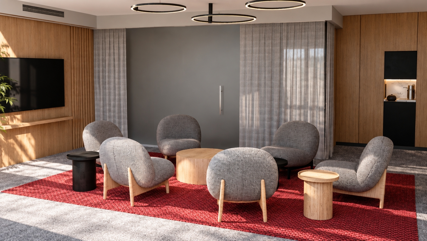 Photorealistic architectural photograph of the lounge scene bathed in bright summer midday sunlight. Crisp natural daylight washes into the room, casting defined, soft-edged shadows across the textured red woven rug and grey carpeting. The rounded armchairs exhibit detailed, tactile fabric weave, complemented by the authentic matte finish and subtle organic grain on the light wood tables and wall paneling. Ambient glow from the circular ceiling lights gently balances the intense exterior daylight, while realistic photographic imperfections like subtle depth of field, faint lens vignetting, and fine surface micro-textures ground the exact geometry, composition, and materials in authentic reality.